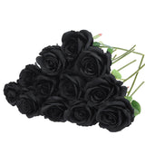 12PCS Artificial Black Roses with Green Stems – Lifelike Silk Flowers for Halloween, Weddings & Home Decor