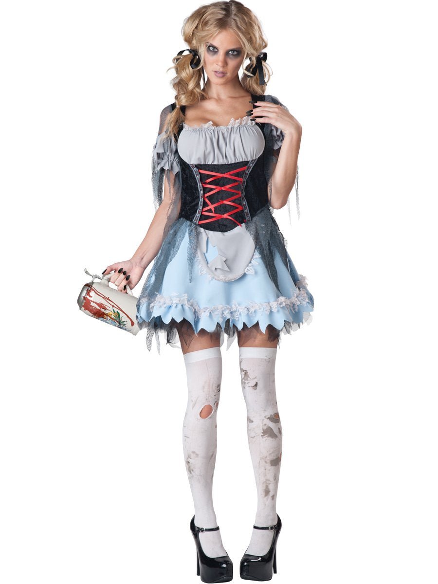 Women’s Gothic Maid Costume – Grey & Black Haunted Dress with Attached Petticoat and Apron 🕸️🖤👻