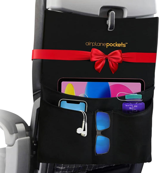 Airplane Tray Table Organizer Cover with 4 Expandable Pockets – Travel Seat Back Storage for Tablets, Books & Flight Essentials (Black)