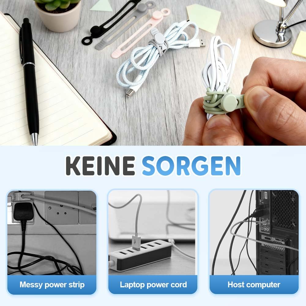 Reusable Silicone Cable Organizer Ties – Colorful 5-Pack Cord Management for Home, Office & Travel