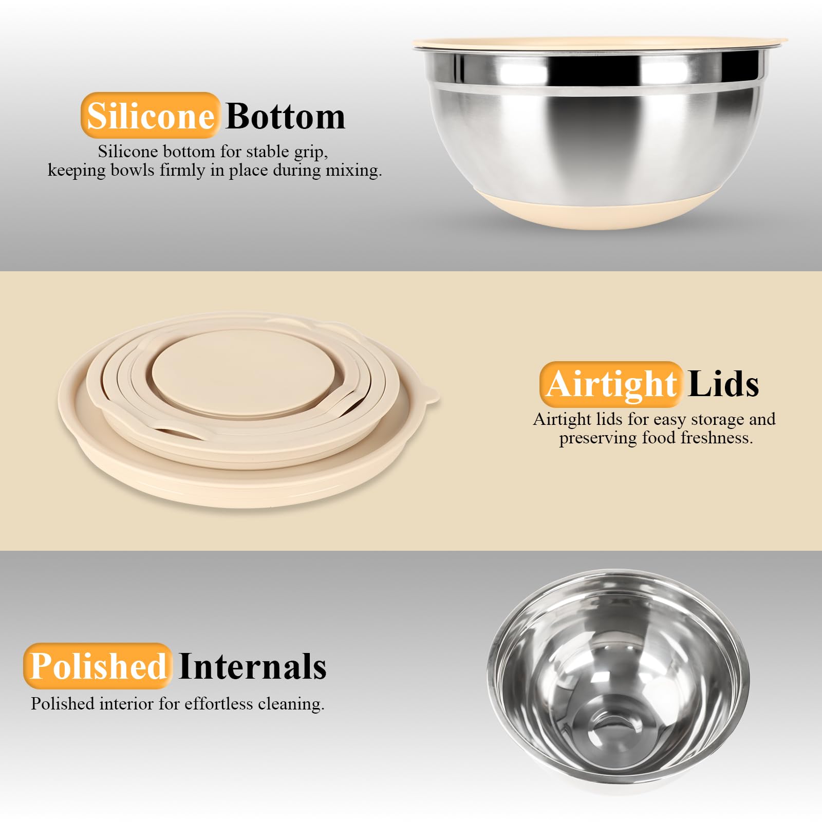 Stainless Steel Mixing Bowl Set with Airtight Lids, Graters & Non-Slip Base (6 Bowls)