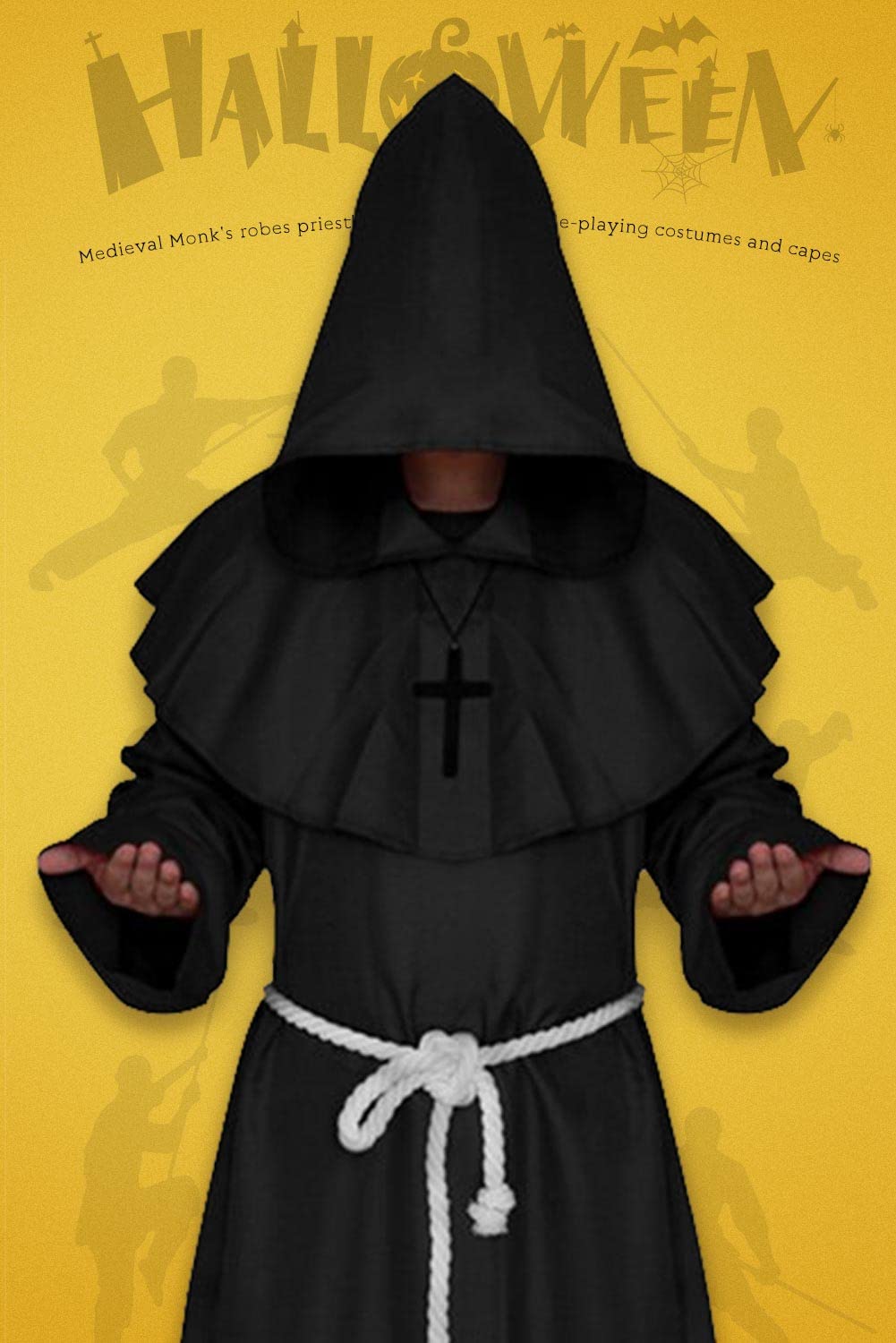 Black Medieval Monk Robe – Hooded Cloak with Rope Belt & Cross Necklace for Halloween & Cosplay ✝️🖤