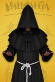 Black Medieval Monk Robe – Hooded Cloak with Rope Belt & Cross Necklace for Halloween & Cosplay ✝️🖤