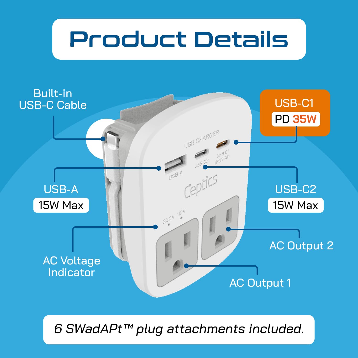Worldwide Travel Power Adapter with USB-C PD 35W – International Plug Adapter with Dual US Outlets & Surge Protection