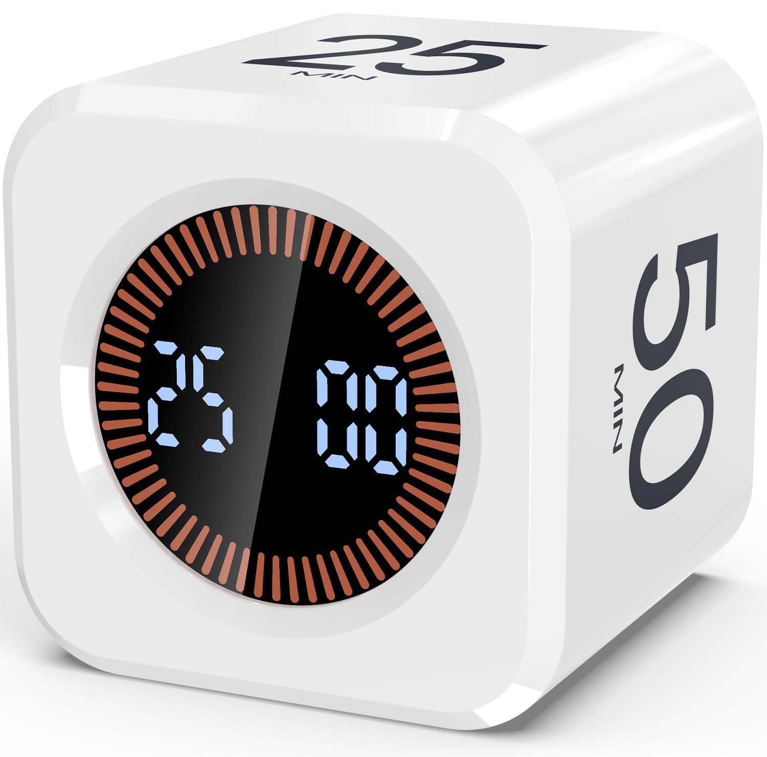Kids-Friendly Flip Cube Pomodoro Timer with Visual LED Time Bars, Silent Mode & USB-C Rechargeable – White