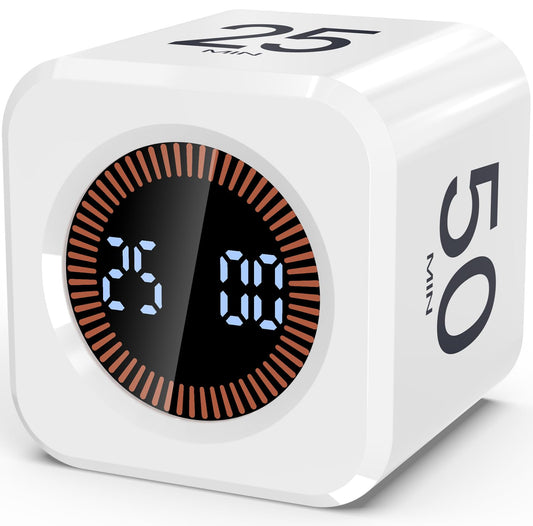 Kids-Friendly Flip Cube Pomodoro Timer with Visual LED Time Bars, Silent Mode & USB-C Rechargeable – White