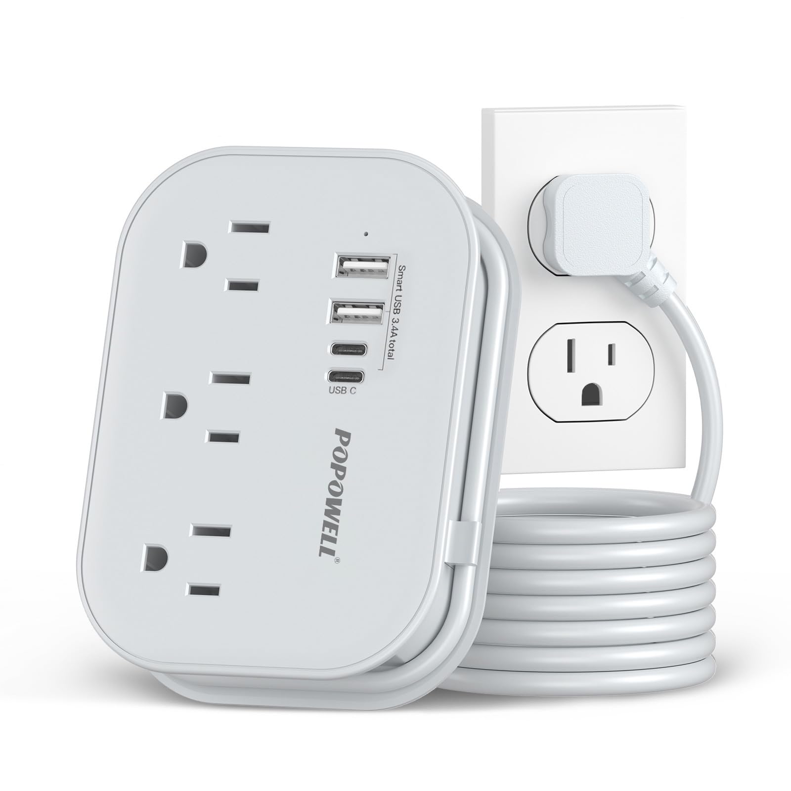 Flat Plug Travel Power Strip with USB-C – Compact 6-in-1 Desktop Charging Station (Grey)