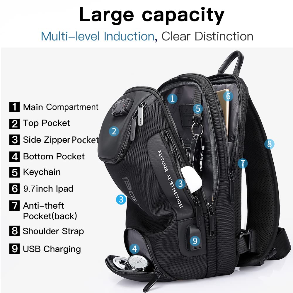 BANGE Anti-Theft Sling Backpack with Lock – Waterproof Crossbody Shoulder Bag with USB Charging Port (Black)