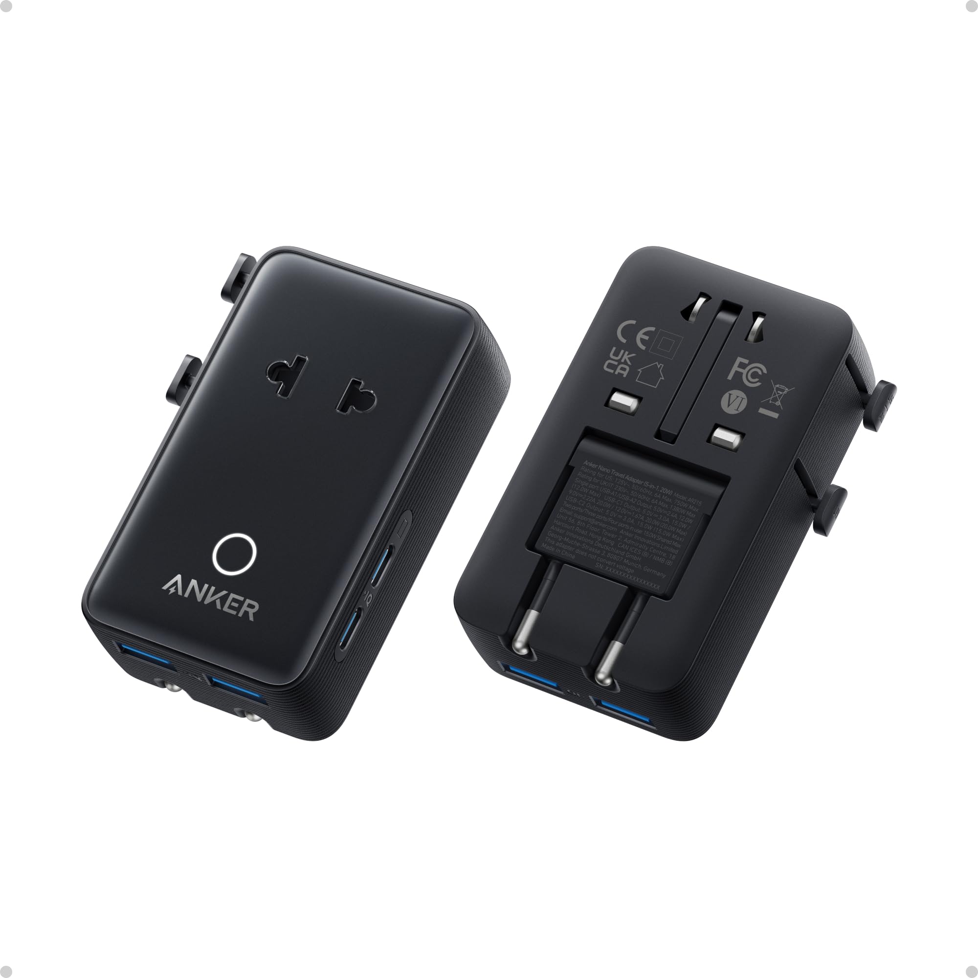Anker Nano Universal Travel Adapter – 5-Port Compact Charger with USB-C Fast Charging (Black)