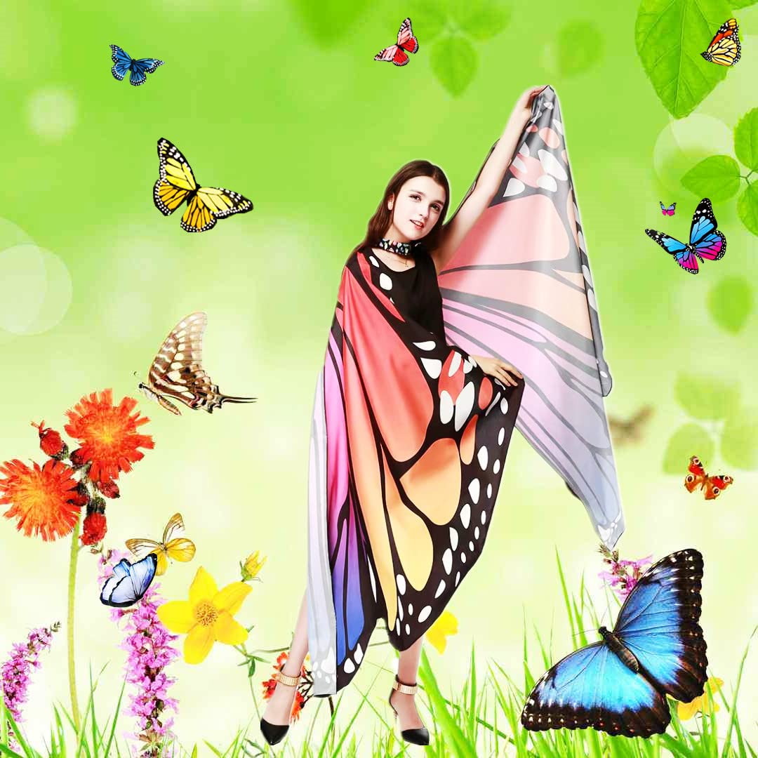 Women’s Butterfly Wings Costume Shawl – Red & Blue Fairy Cape with Antenna Headband for Halloween & Cosplay