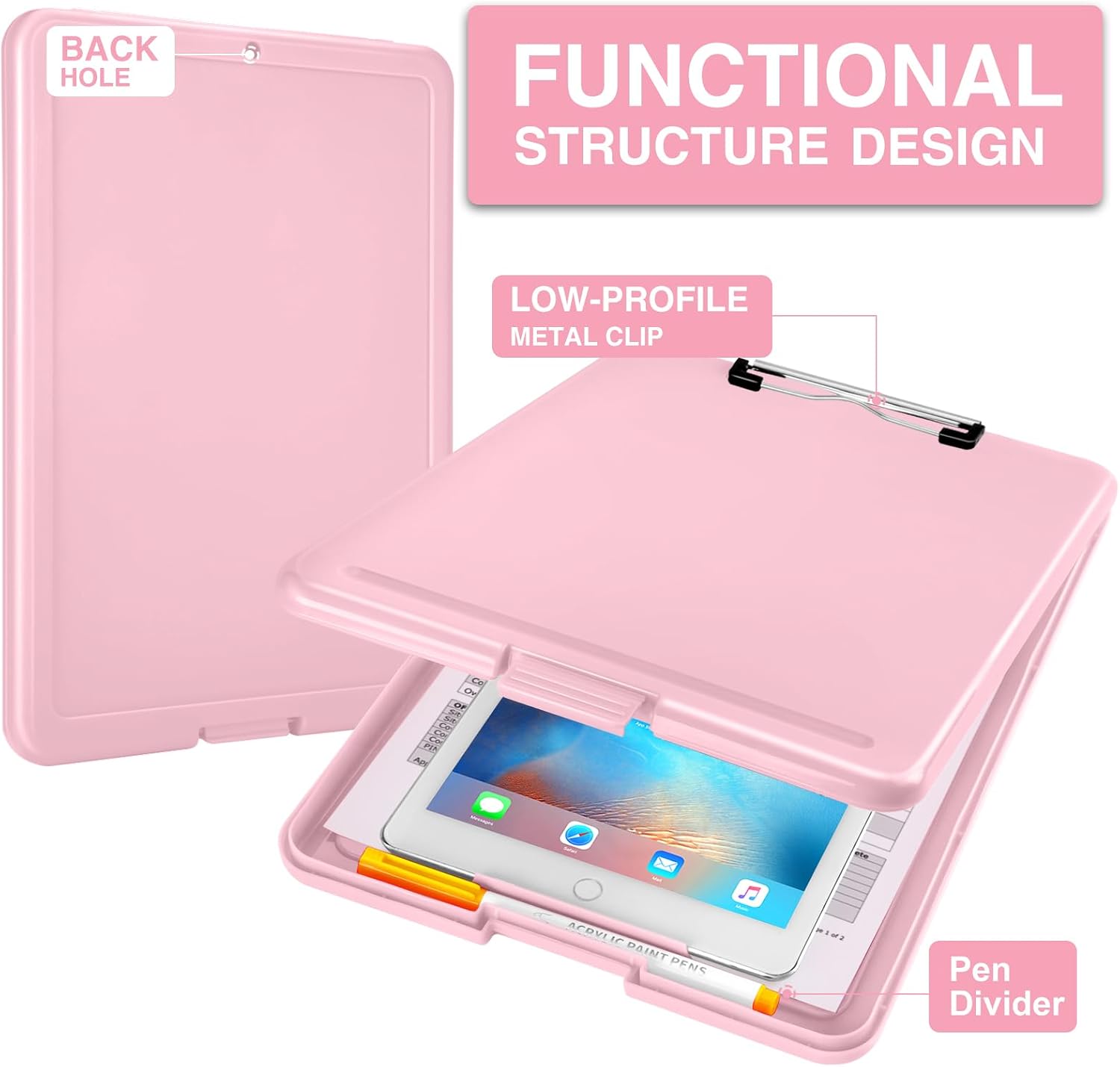 Light Pink Storage Clipboard with Low-Profile Clip