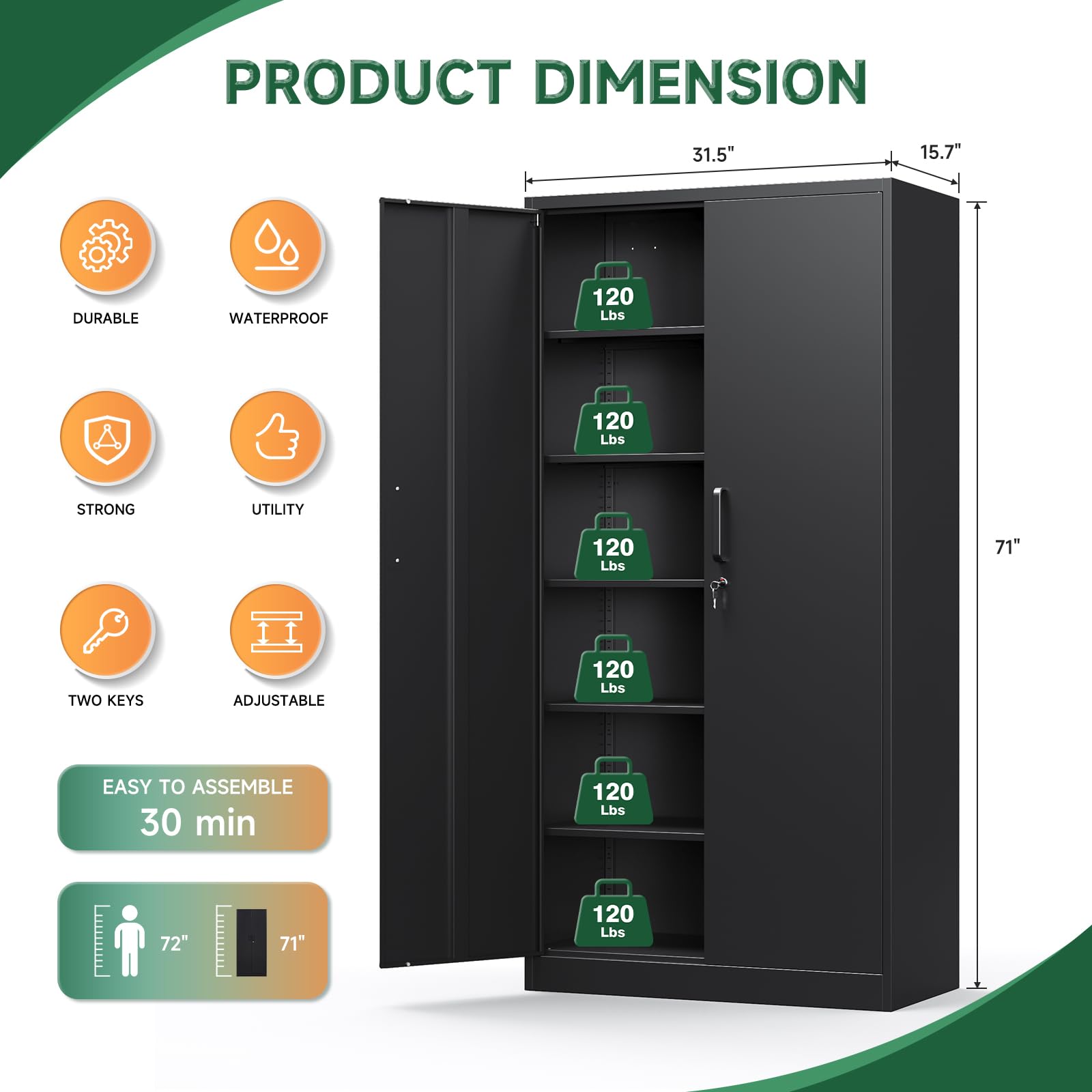 LETAYA Heavy-Duty Metal Storage Cabinet with Locking Doors – Tall Steel Locker with Adjustable Shelves for Garage & Office (Black)