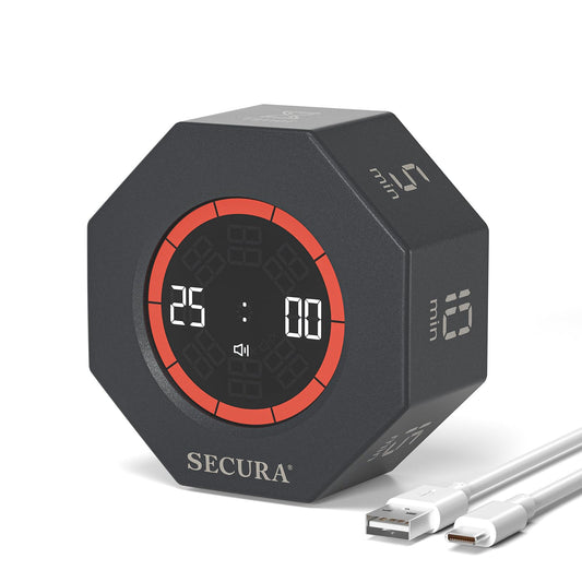 Secura Rotating Pomodoro Timer with Visual Progress Bar, Flip Countdown & Stopwatch, Rechargeable Desk Focus Timer with Adjustable Volume – Dark Gray