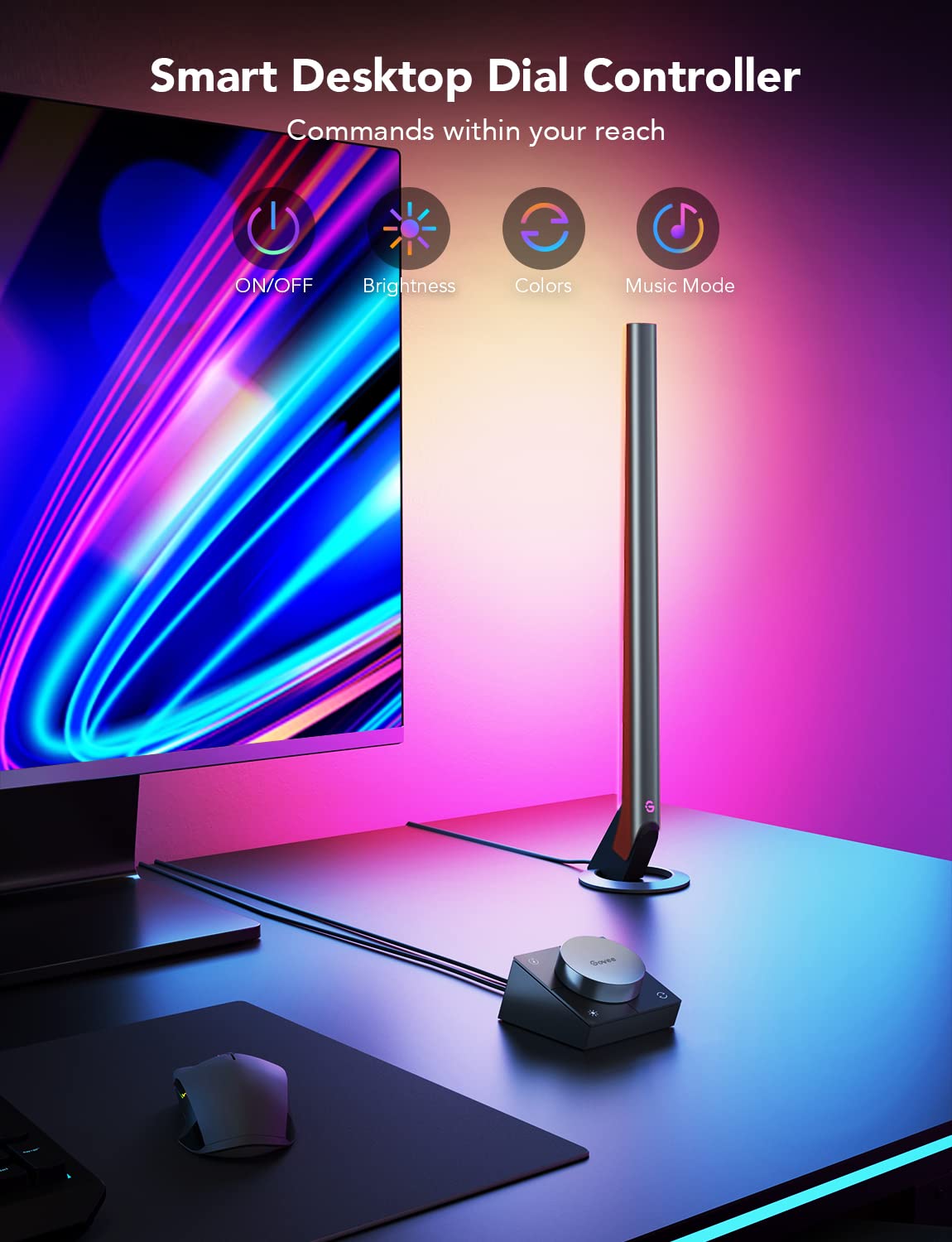 Govee RGBIC Gaming Light Bars with Razer Chroma Sync, Desktop Dial Controller & Alexa Support – Dark Grey