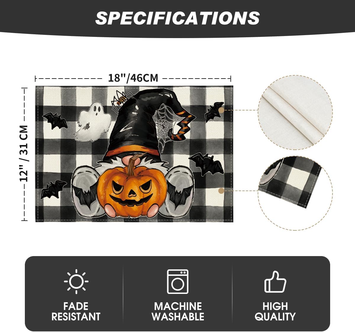 Artoid Mode Halloween Placemats – 4-Pack Black & Beige Table Mats, Durable Polyester, Wrinkle-Proof & Washable (13x18 in)