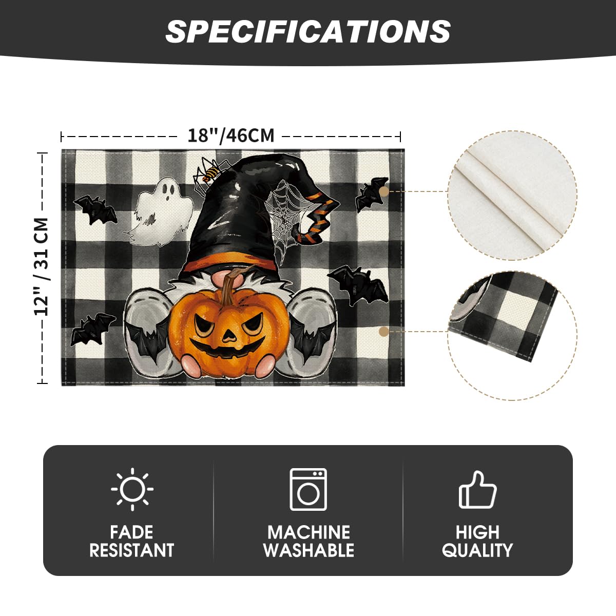 Artoid Mode Halloween Placemats – 4-Pack Black & Beige Table Mats, Durable Polyester, Wrinkle-Proof & Washable (13x18 in)