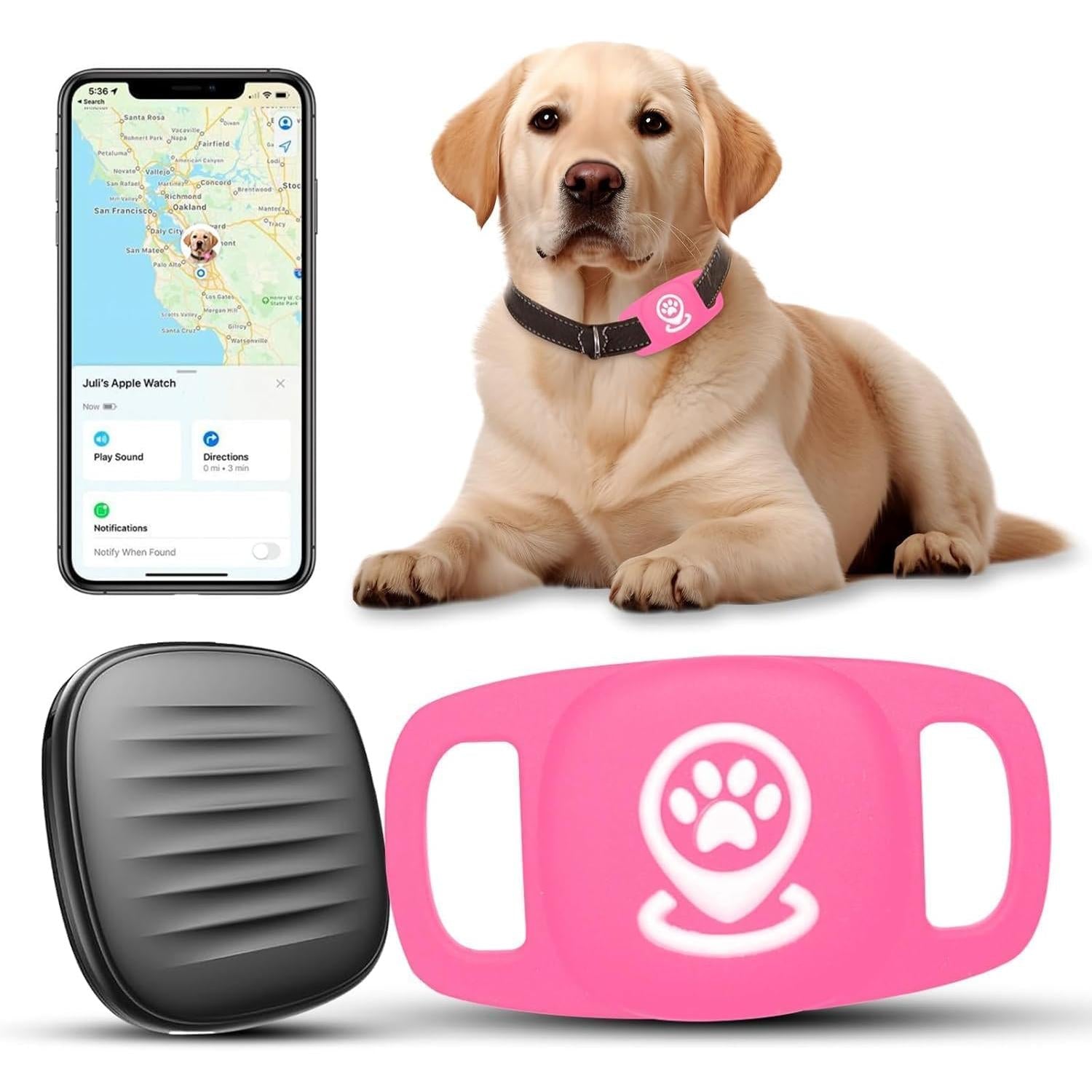 Smart Pet Tracker for Apple Find My Network – No Subscription Bluetooth Tracking Device with Protective Silicone Case for Cats & Dogs (Pink)