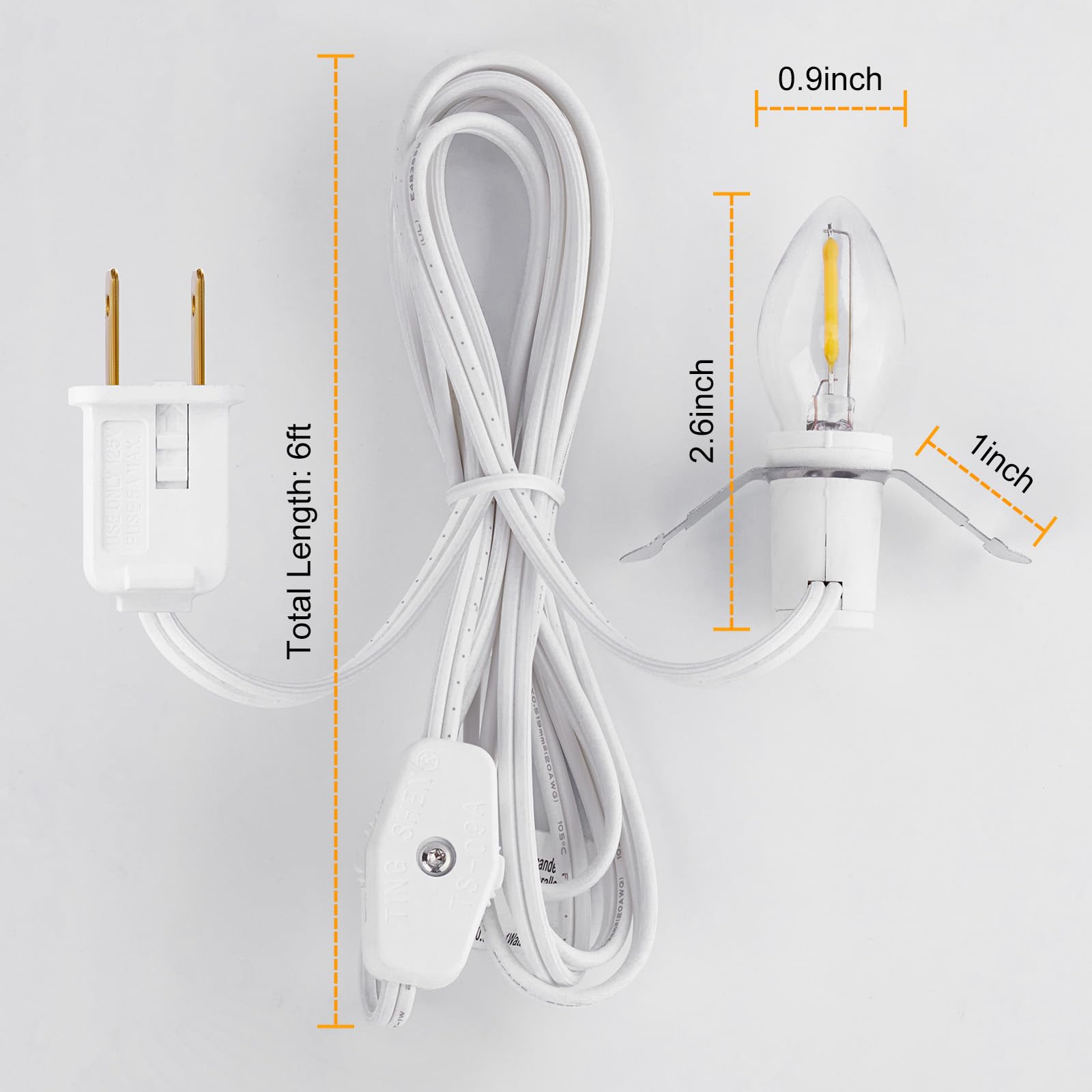 C7 Warm White Accessory Light Cord – 6ft Plug-In Cord with On/Off Switch, UL-Certified & Waterproof Socket for Pumpkins, Blow Molds & Crafts