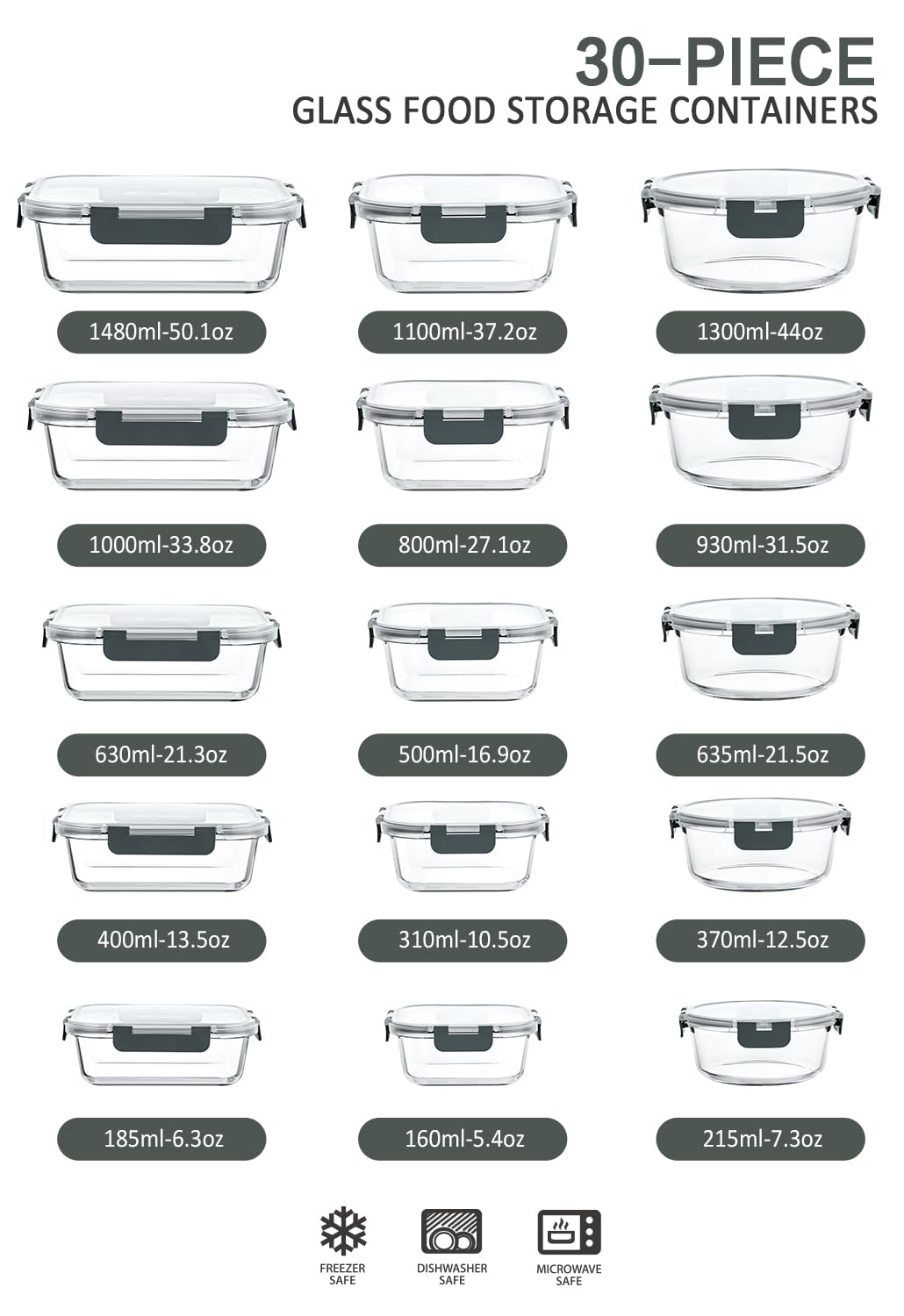 Glass Food Storage Containers with Lids – 30-Piece Borosilicate Meal Prep Set (Gray Lids)