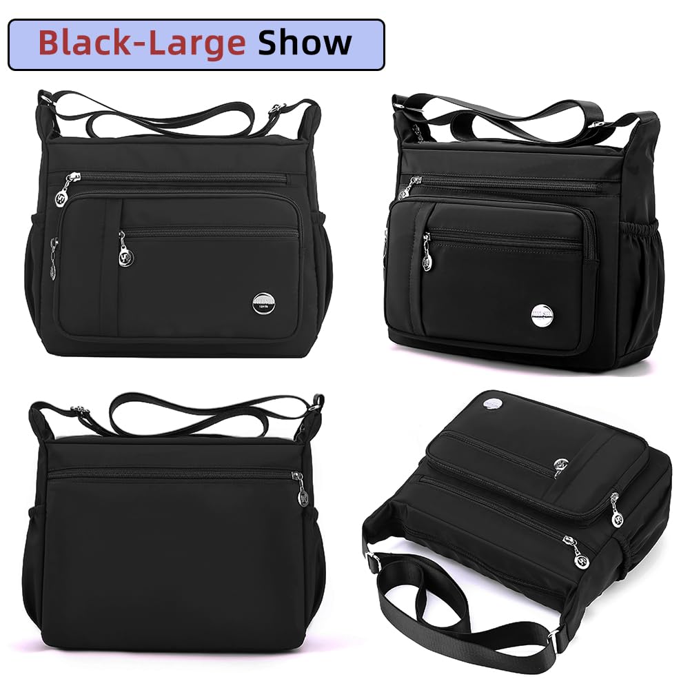 Mintegra Women’s Nylon Shoulder Handbag – Lightweight Multi-Pocket Crossbody Tote Bag (Black)