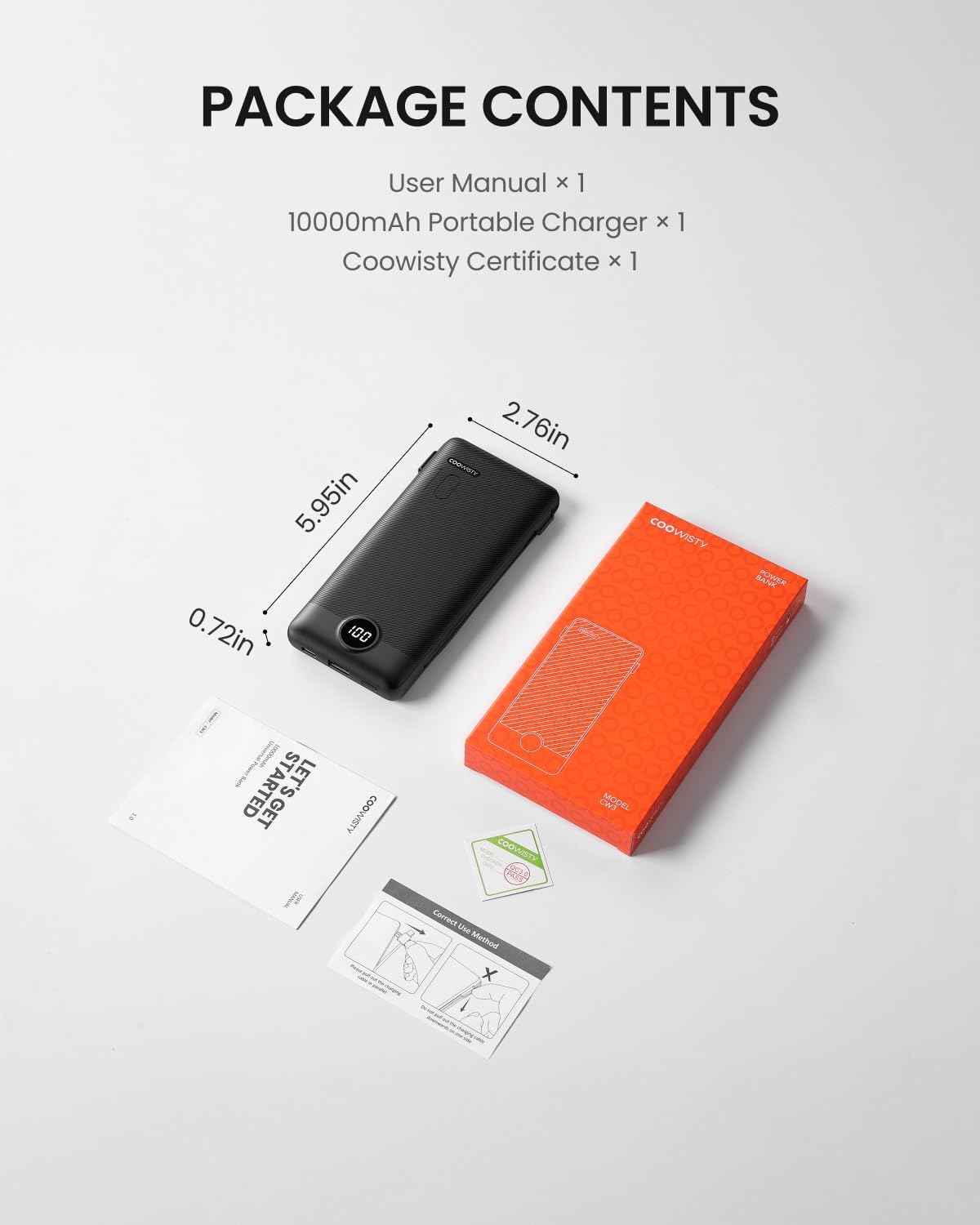 10000mAh Portable Power Bank with Foldable Wall Plug & Built-in Charging Cables
