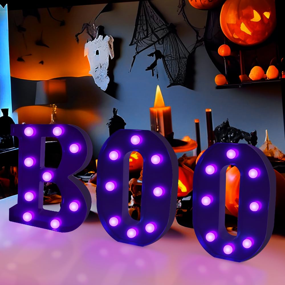 Halloween “BOO” LED Marquee Letters – Black Shell with Purple Glow, 3-Pack Spooky Light-Up Signs for Indoor & Outdoor Décor