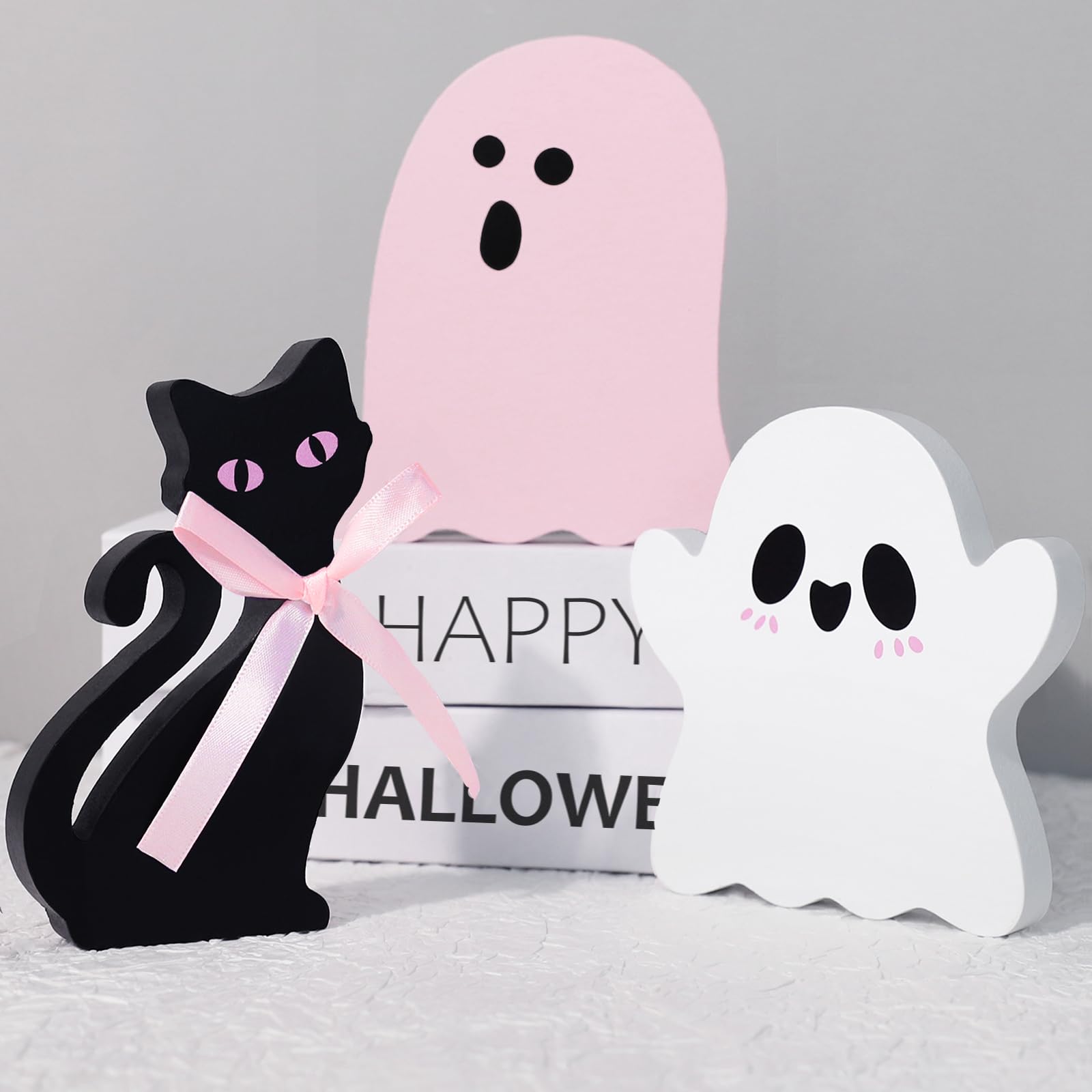 Pink Halloween Wooden Decor Set – 3-Piece Ghost & Cat Wooden Signs for Cute Tiered Tray or Tabletop Display