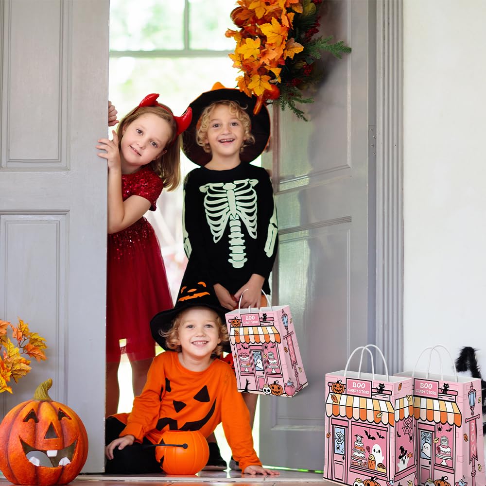Lofaris 24 Pcs Halloween Bags 16x8x22cm, Boo Candy Store Treat Bags with Cute Ghosts & Pumpkins, Pink & Orange Party Favor Bags for Kids, Trick or Treat Goodie with Handles