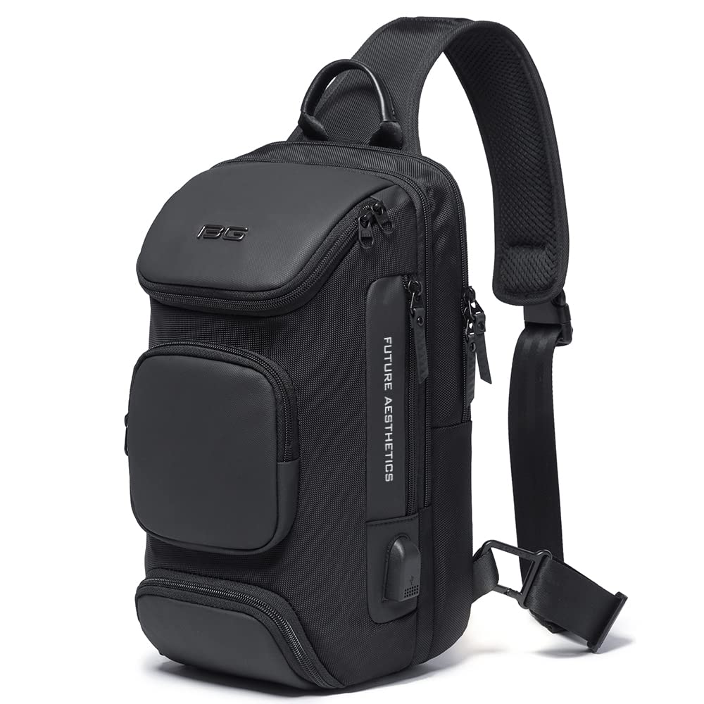 BANGE Waterproof Sling Bag with USB Charging Port – Lightweight Crossbody Chest Backpack for Men (Black)