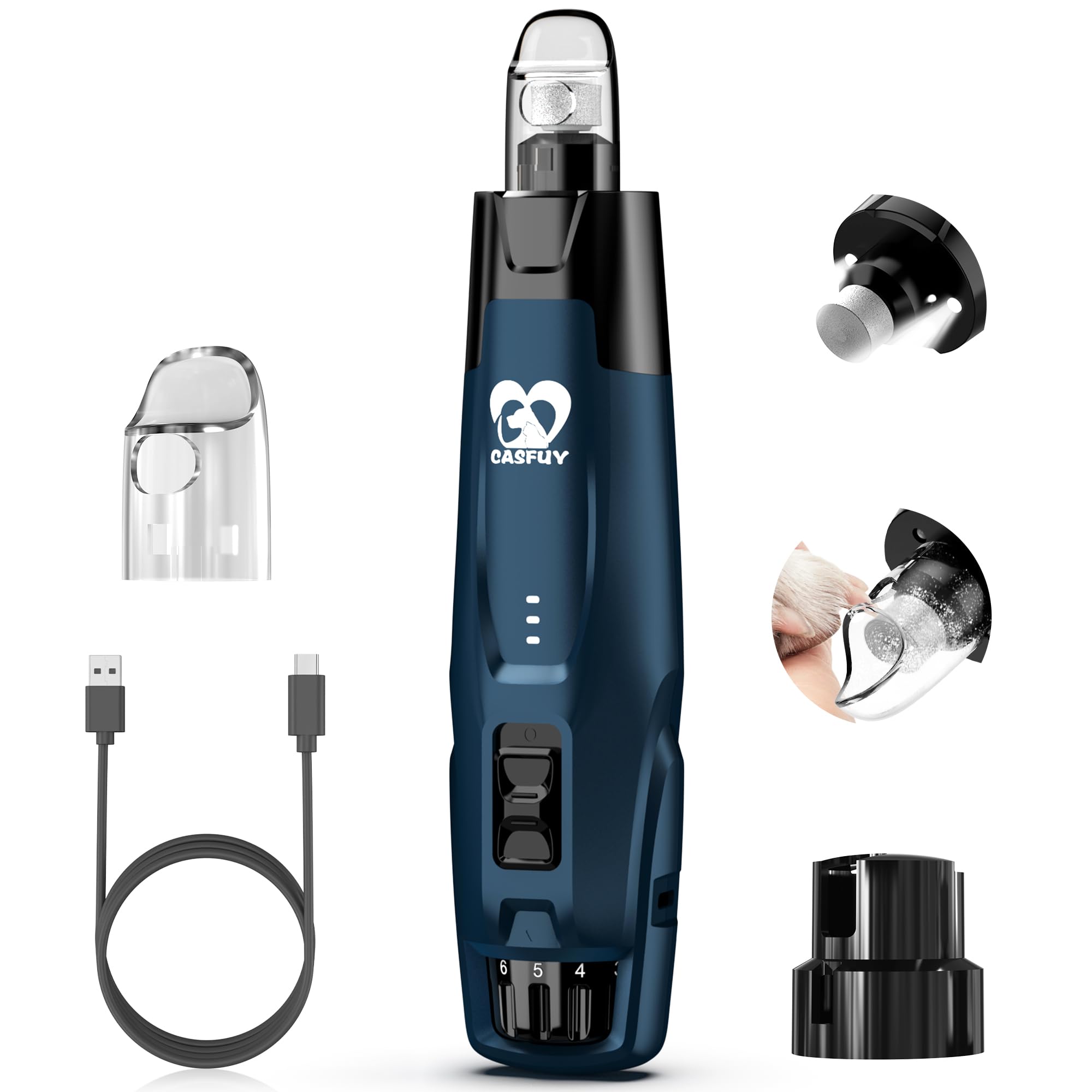 Casfuy N75 Professional Dog Nail Grinder with 6 Speed Control & Diamond Bit – Rechargeable Quiet Pet Nail Trimmer with LED Safety Lights (Dark Blue)