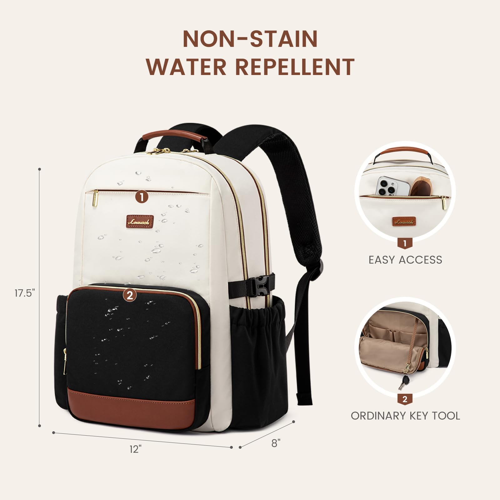 LOVEVOOK Women’s Laptop Backpack with Large Cup Pocket – Waterproof Work & Travel Backpack for 15.6″ Laptop (Beige Black Chestnut Brown)