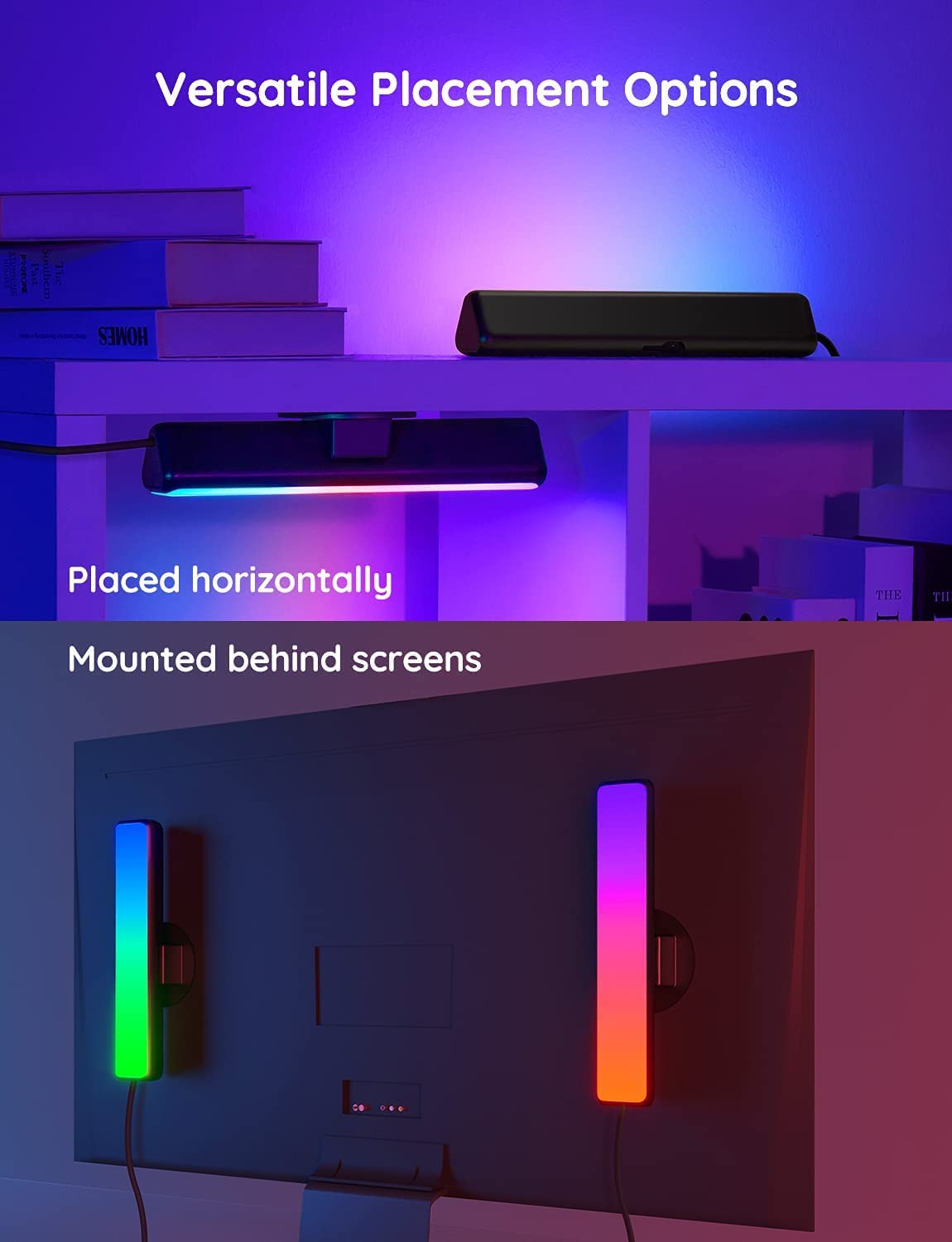 RGBICWW Gaming Light Bars with Music Sync, Alexa Control & App Customization – Black (For Monitors <45”)