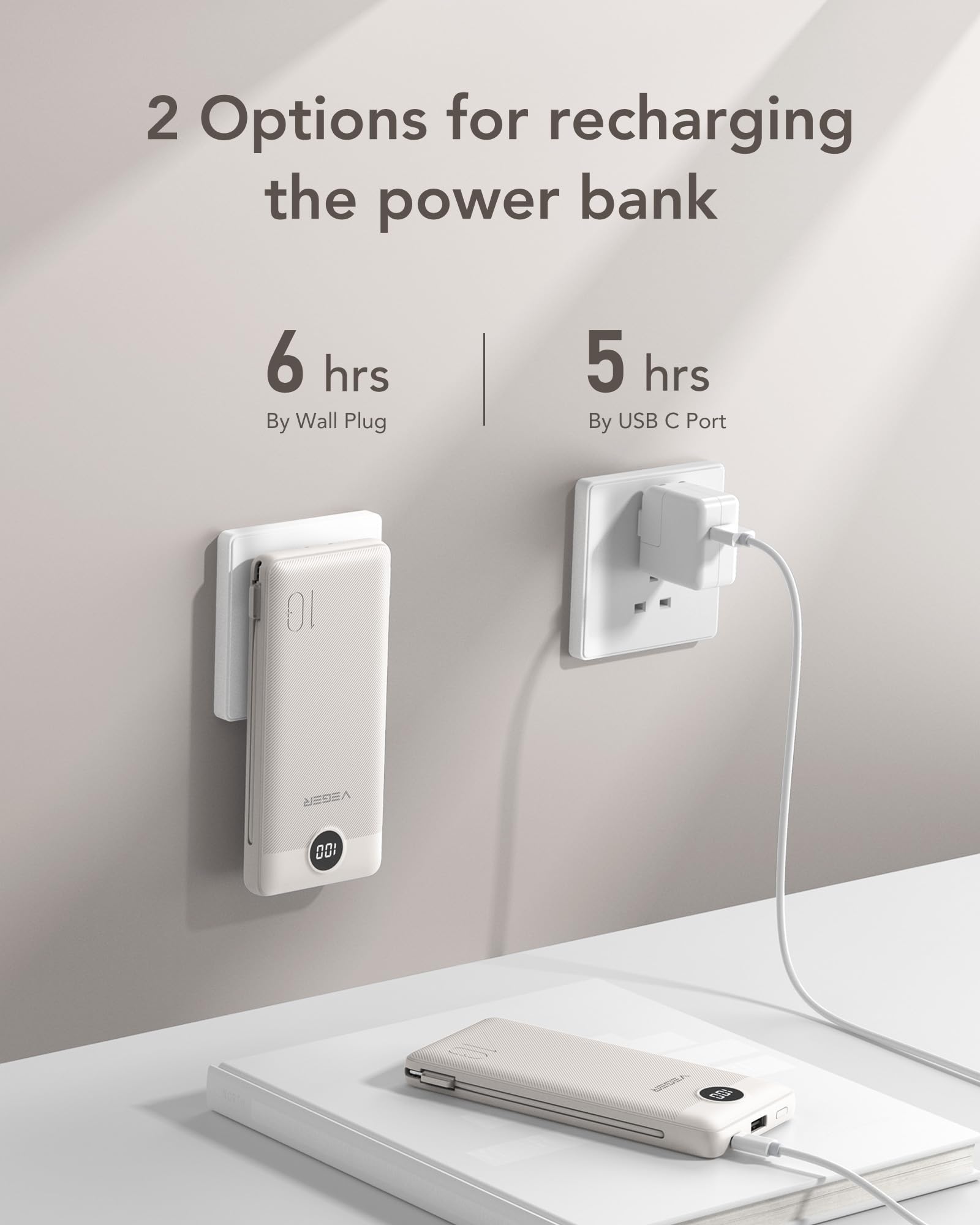 VEGER 10000mAh Portable Power Bank with Built-In Cables & AC Plug – Ultra Slim Fast Charging Travel Charger