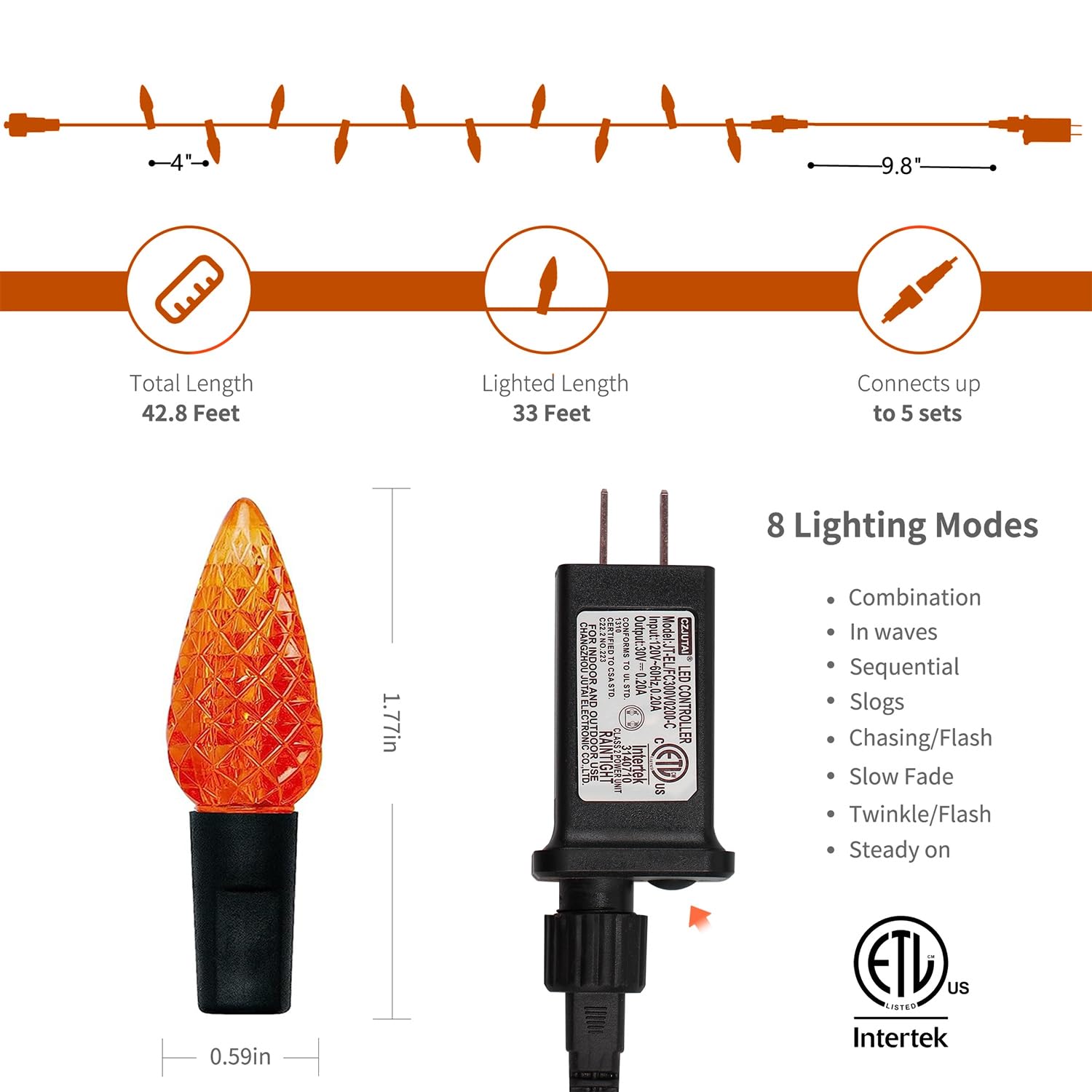 Halloween Orange & Purple C6 String Lights – 100 LED, 42.8ft, 8 Modes, Waterproof, Indoor/Outdoor Spooky Décor