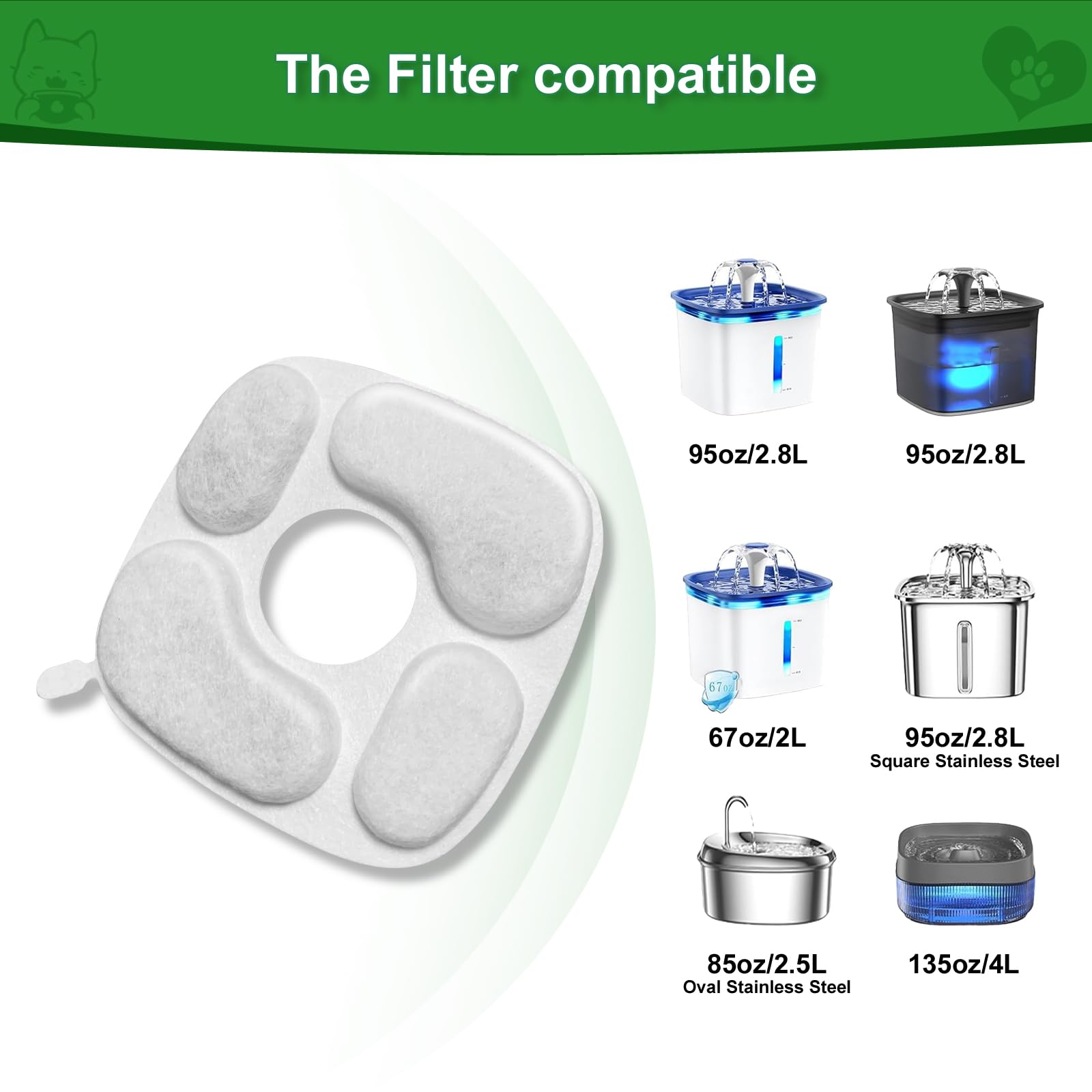 Cat Water Fountain Replacement Filters 24 Pack with Activated Carbon, Ion Resin & Pre-Filter Sponges – Compatible with 95oz/2.8L Pet Fountains