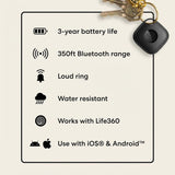 Tile Bluetooth Tracker Black, Item Locator with 350 ft Range, SOS Alert, Life360 Compatible, Waterproof IP68, iOS & Android