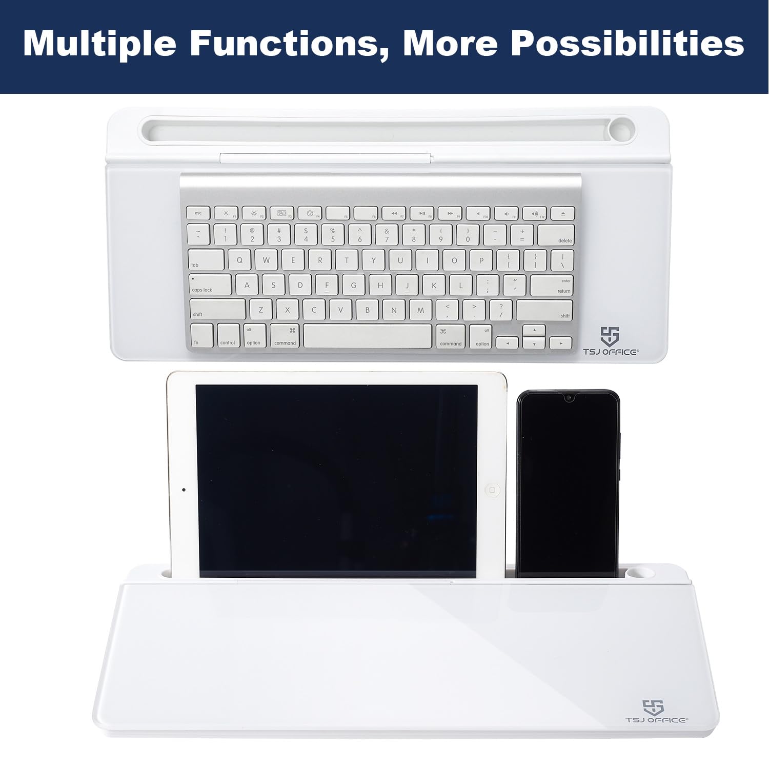 TSJ Office Glass Desktop Whiteboard Keyboard Stand with Hidden Drawer Storage & Accessory Tray for Organized Workspace