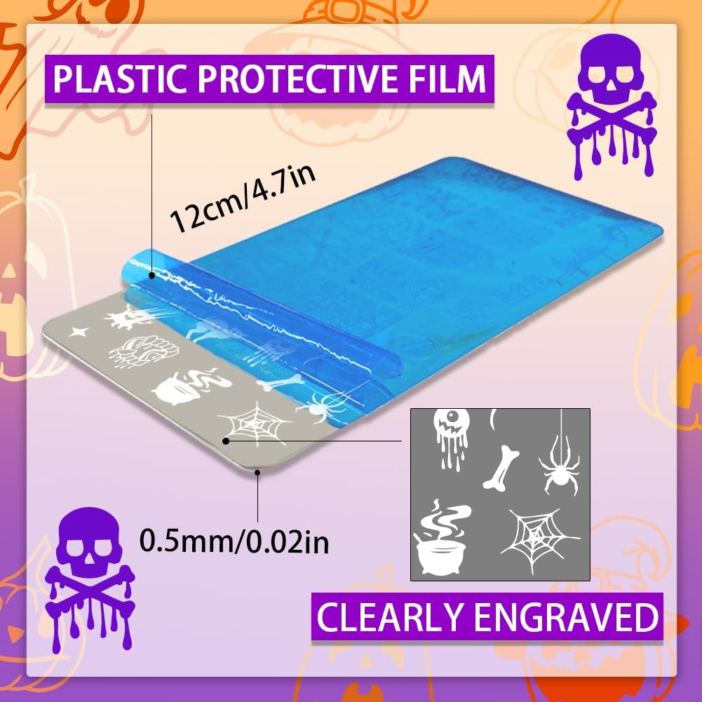 Halloween Nail Stamping Plates Set – 5Pcs Stainless Steel Templates with Ghost, Pumpkin, Skull & Spider Web Designs