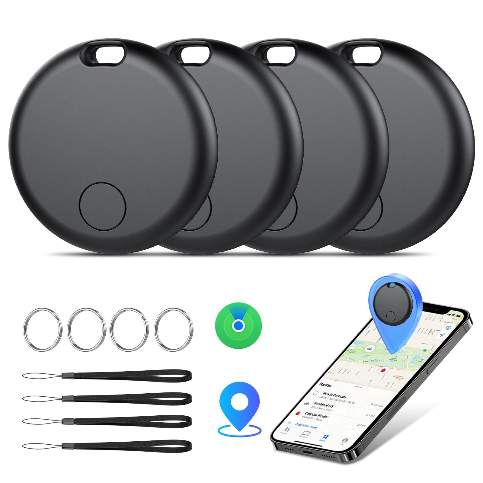 Apple Find My Bluetooth Tracker 4-Pack, Smart Key Finder and Luggage Locator with IP67 Waterproof and Replaceable Battery