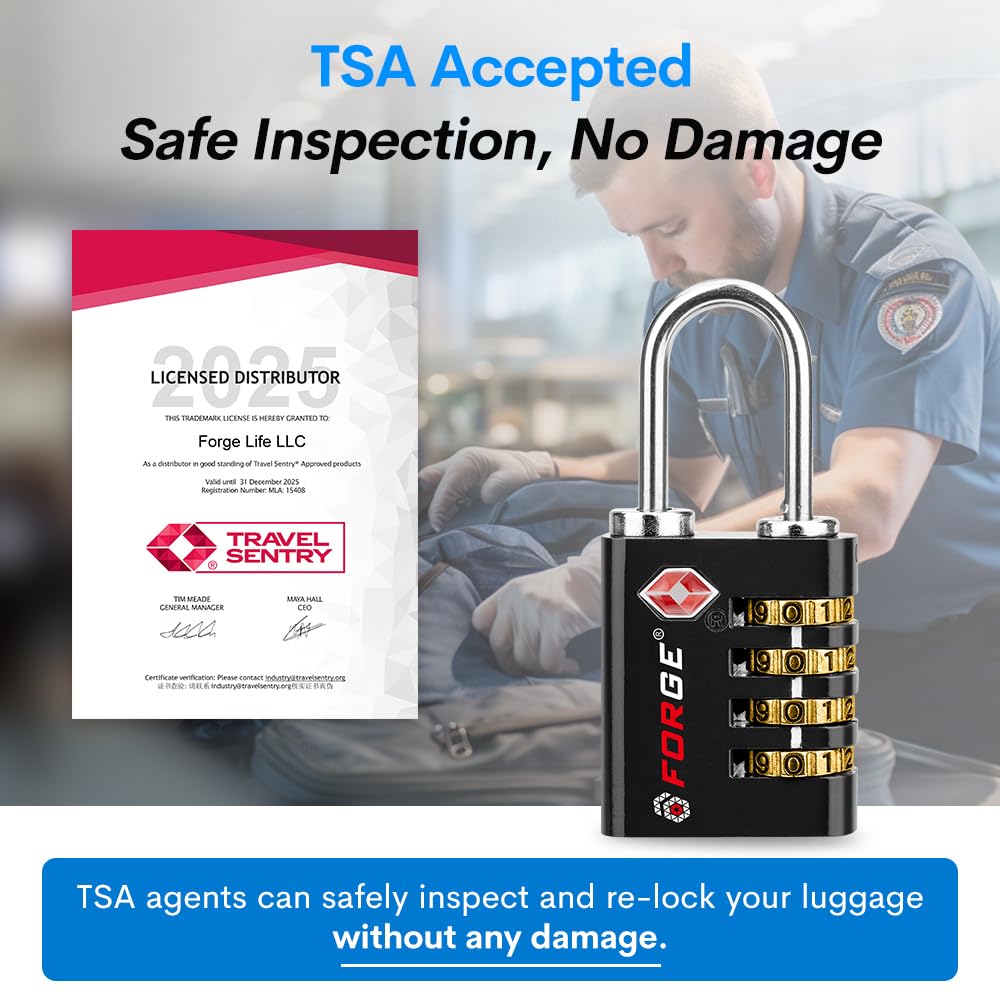 Forge TS-431 TSA Approved Luggage Lock with Key & 4-Digit Combination, Heavy Duty Zinc Alloy Travel Security Lock