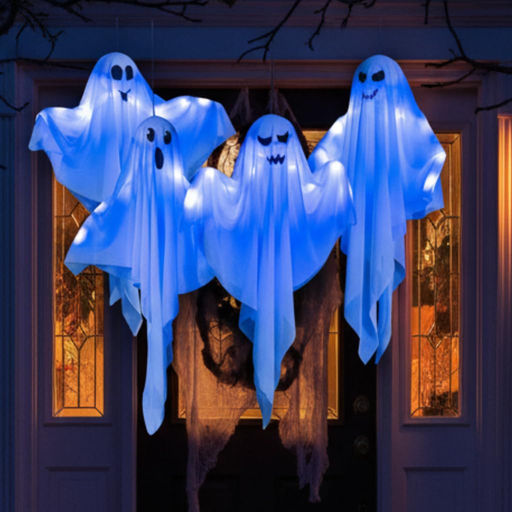 Blue LED Hanging Ghosts (4-Pack) – 27.5" Light-Up Halloween Decorations for Yard, Porch & Haunted House