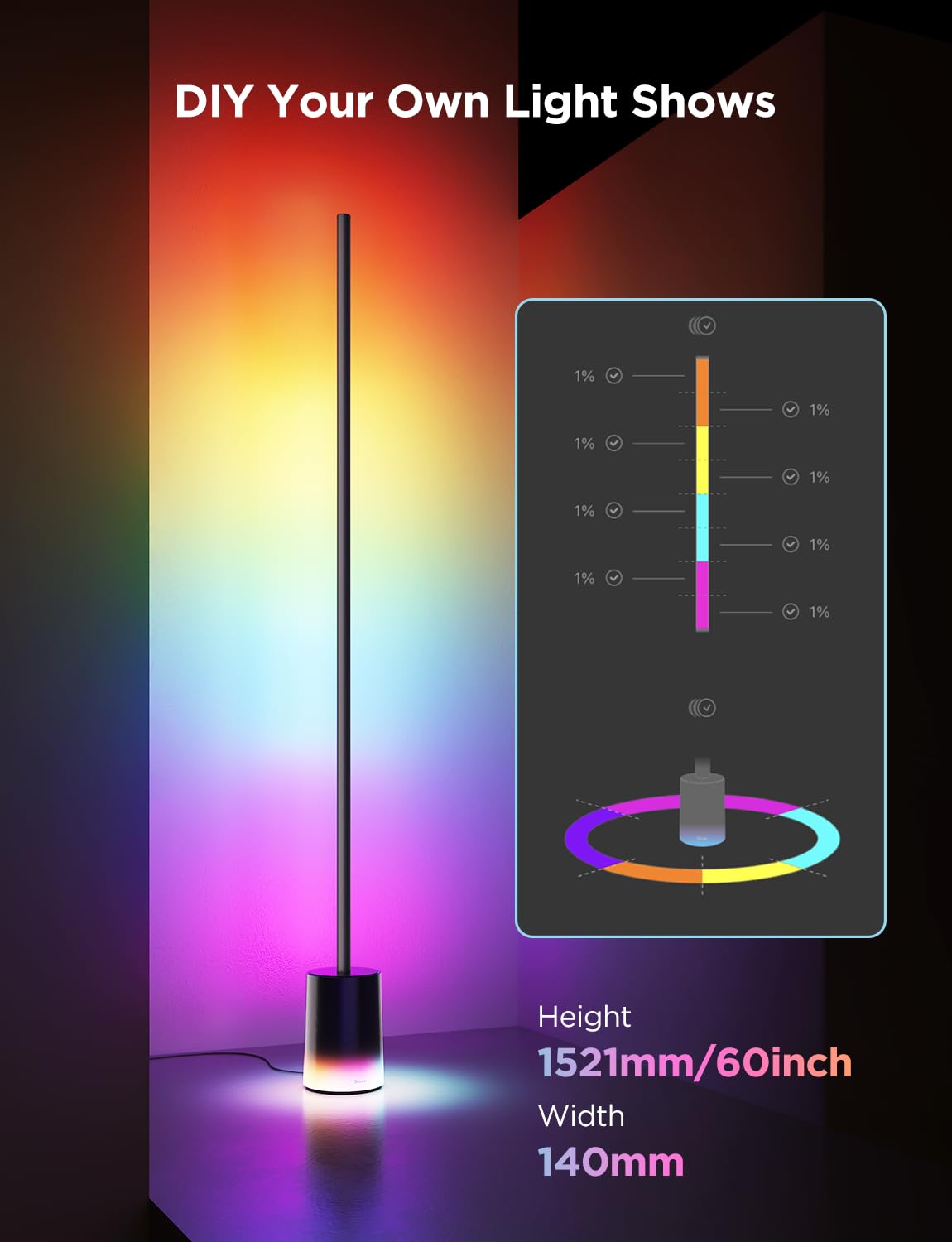 60” RGBICWW Smart Floor Lamp with Matter, 1725lm Brightness & Dual-Zone Lighting Design – Black