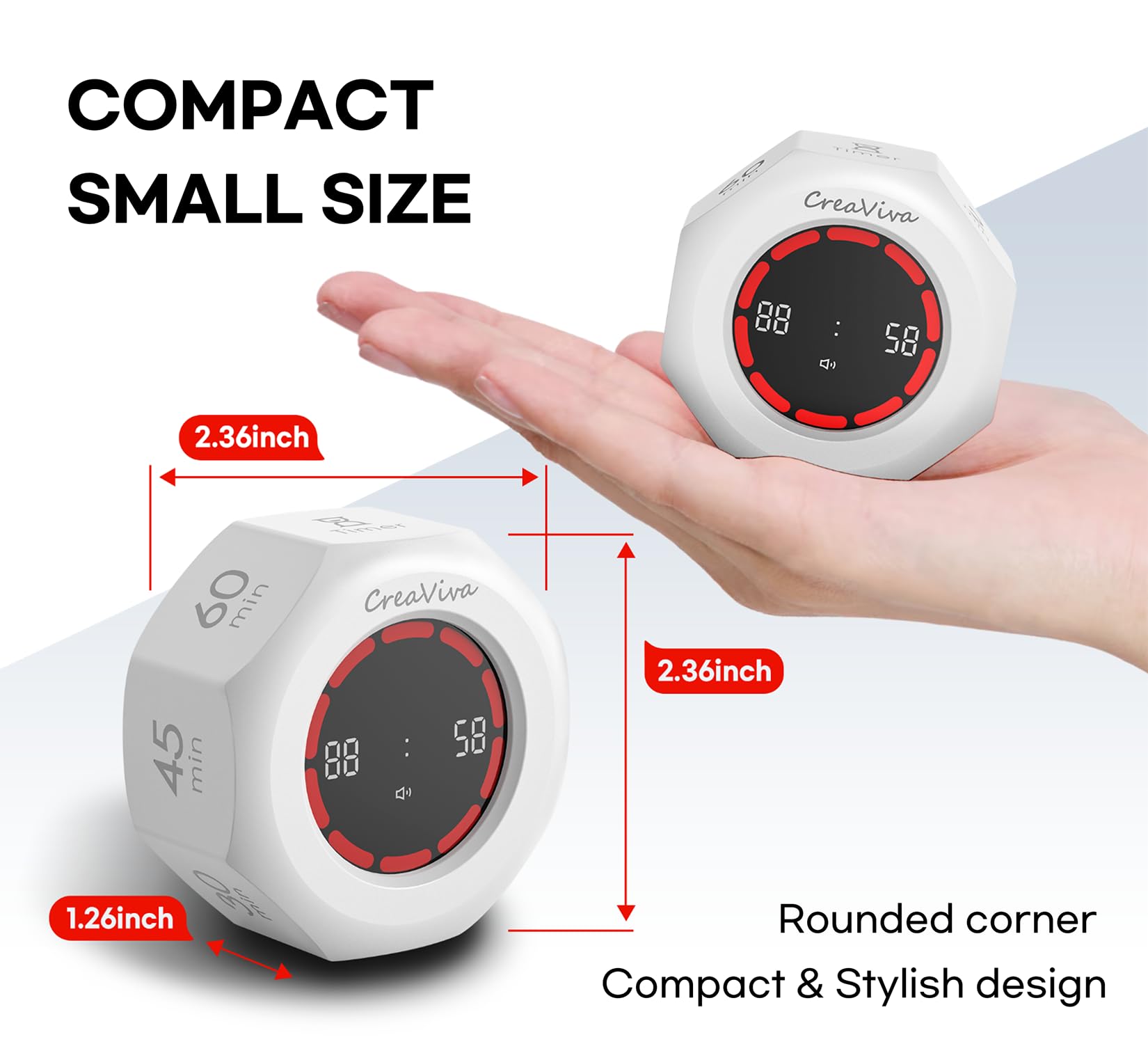 CREAVIVA Smart Flip Cube Pomodoro Timer with Visual Countdown, Stopwatch Mode & Triple Alarm Options – White