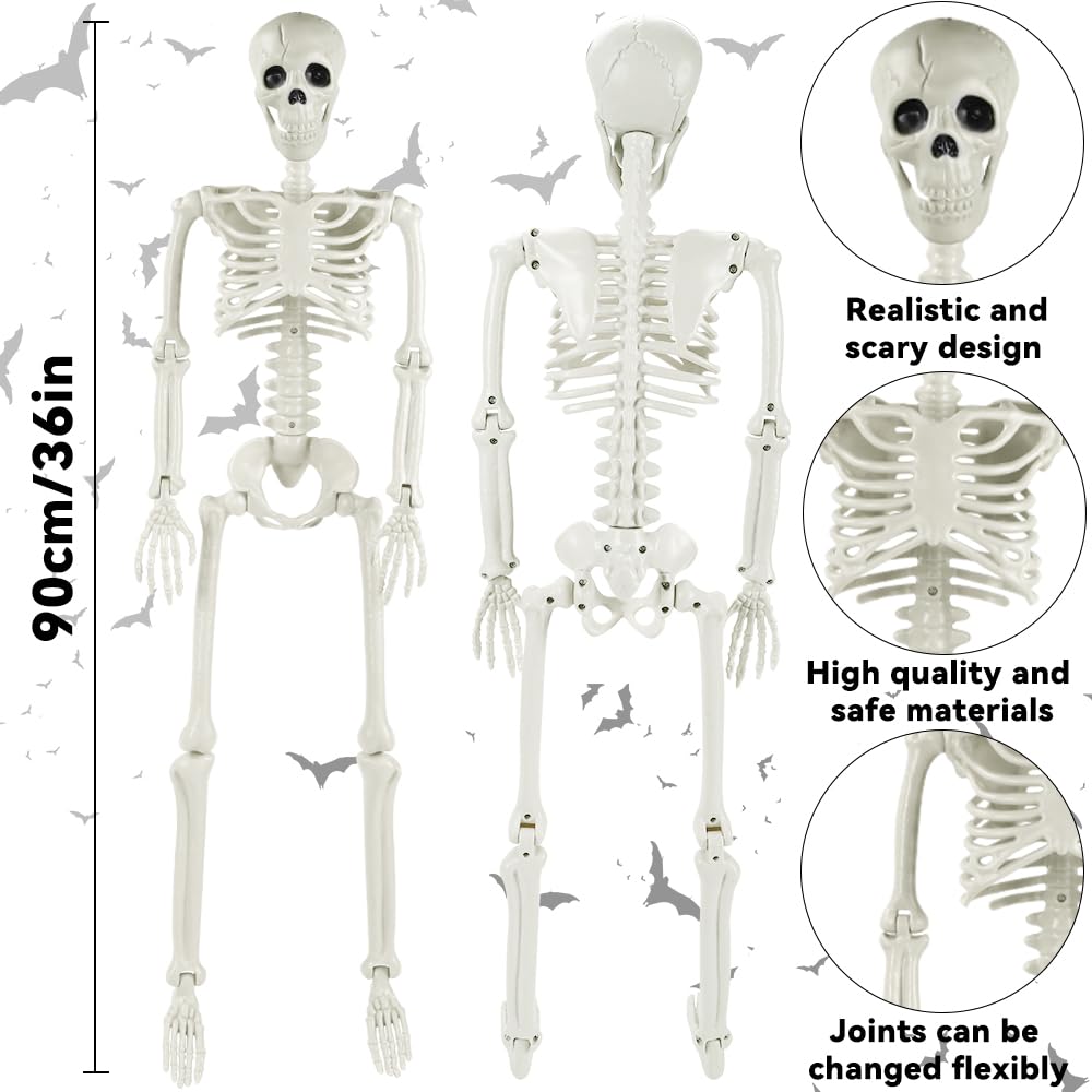 3ft Full Body Halloween Skeleton Decoration – Posable Joints, Realistic Design & Durable Plastic Build