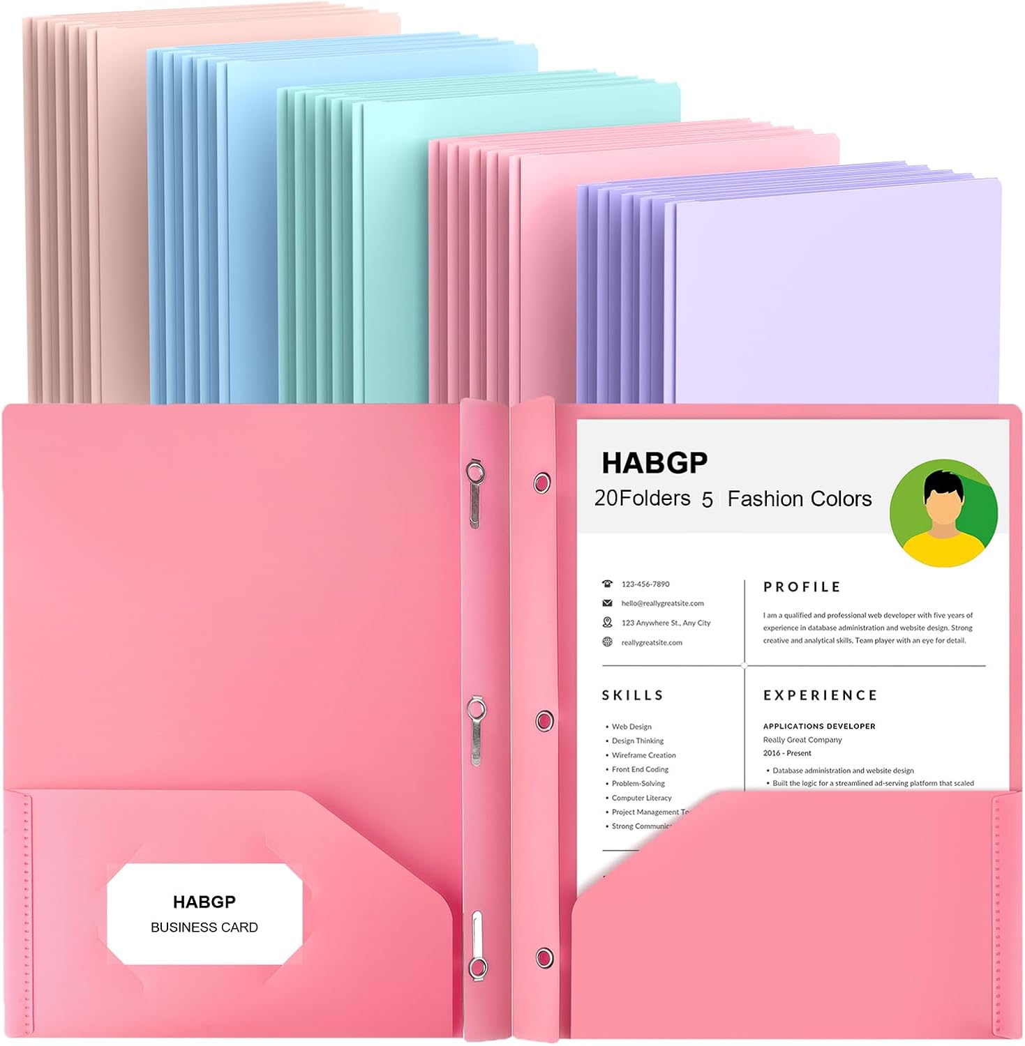 5-Pack Pastel Plastic Two-Pocket Folders with Prongs