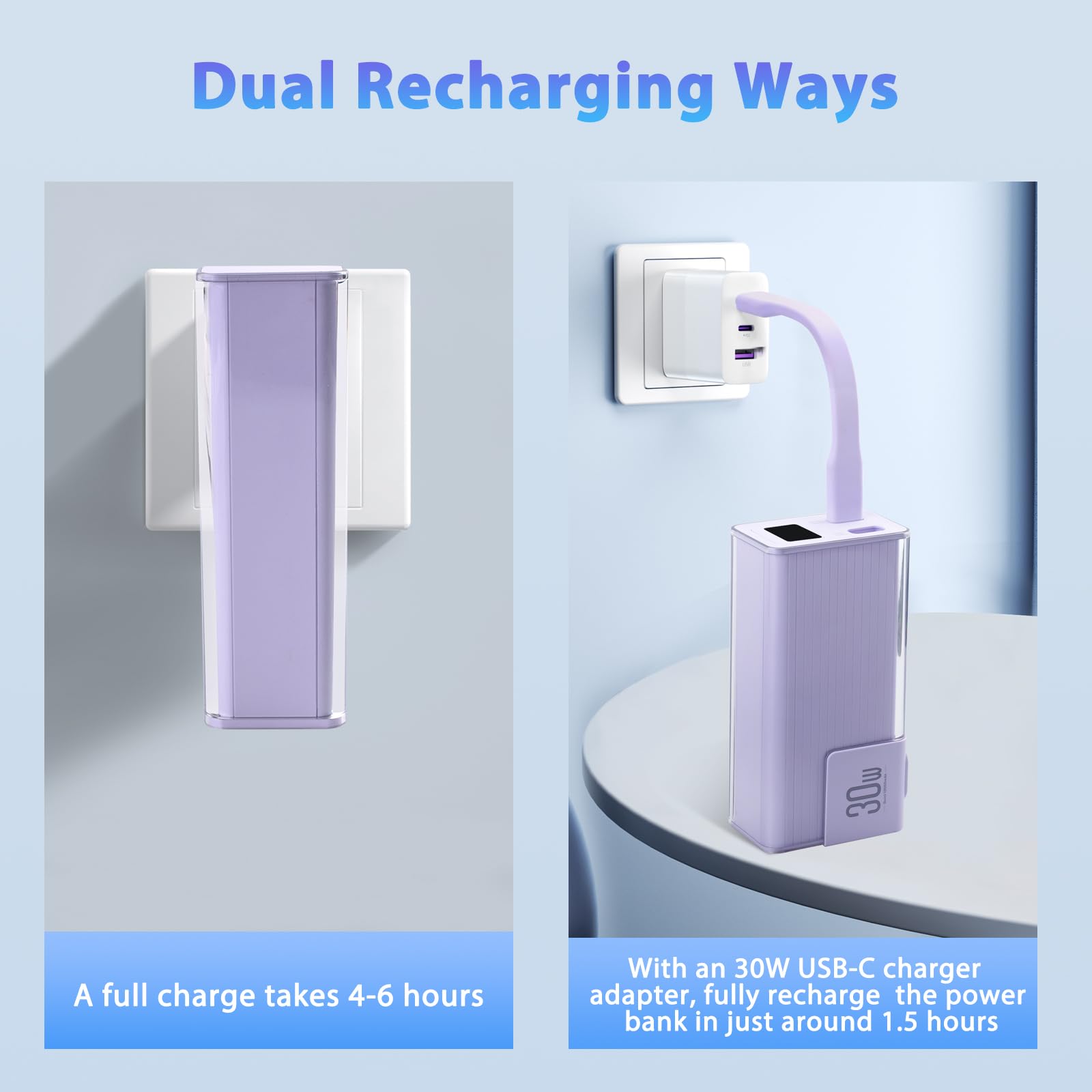 Miady 10000mAh Portable Charger PD 30W with Built-in USB-C Cable & Foldable Wall Plug, Compact Fast Charging Power Bank for iPhone & Android – Purple