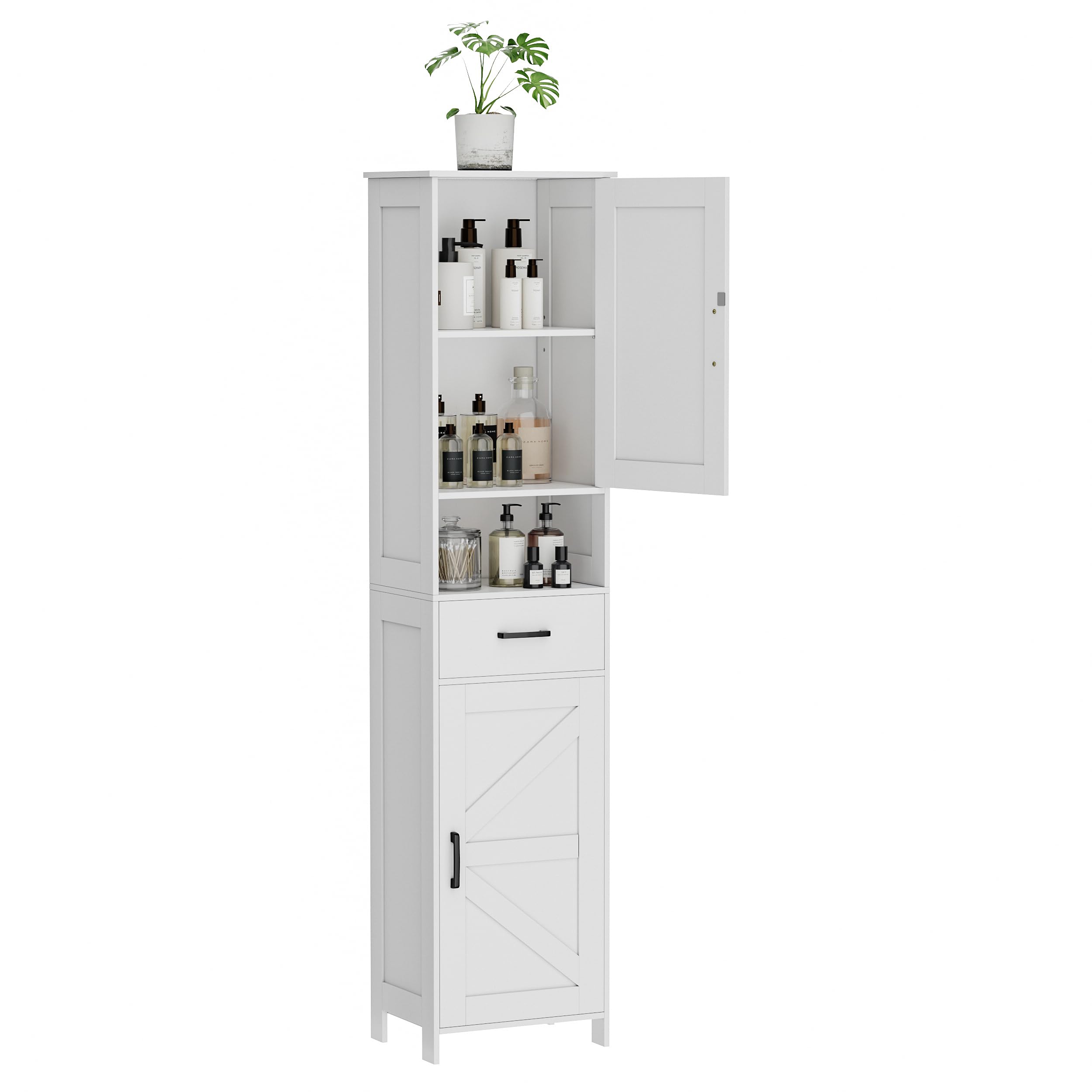 HOMHEDY 67" Tall Bathroom Storage Cabinet – Slim Floor Cabinet with Barn Doors, Drawer & Adjustable Shelves (White)