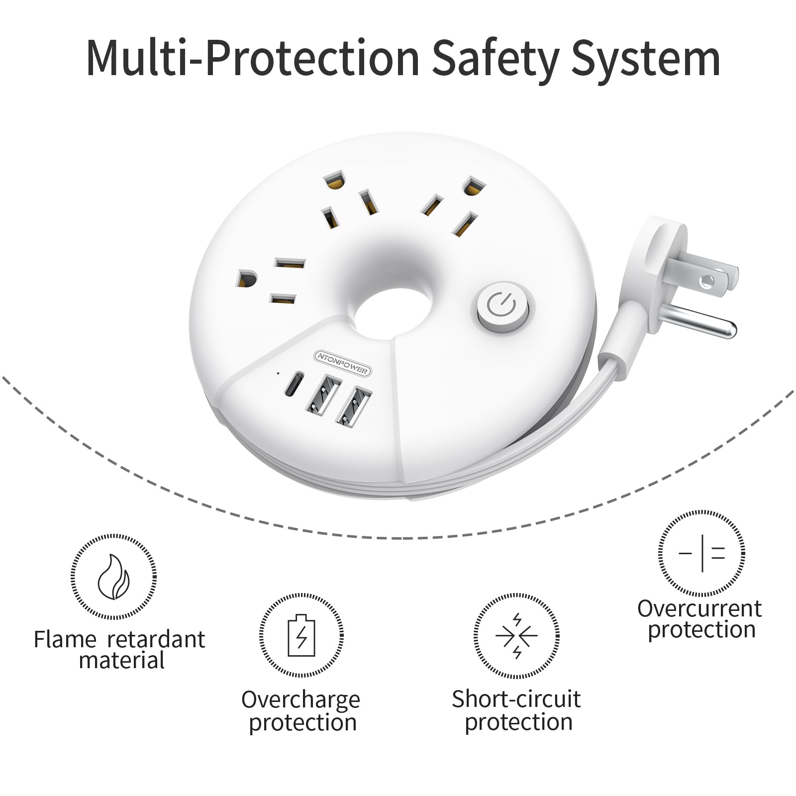 Compact Travel Power Strip with 3 Outlets & 3 USB Ports – Desktop Charging Station with 3ft Cord (White)