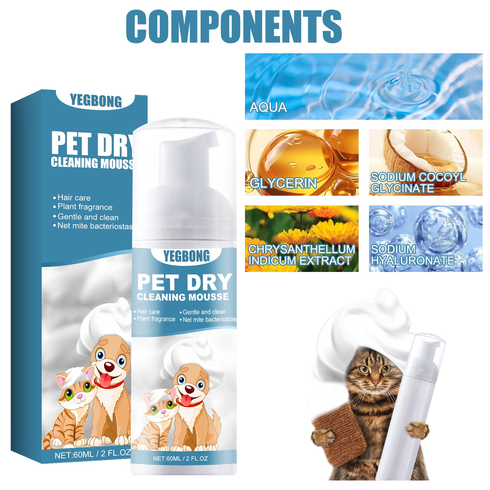 Pet Dry Foam Cleaner – No-Wash Odor Eliminator with Chamomile & Coconut Oil for Fresher, Softer Fur