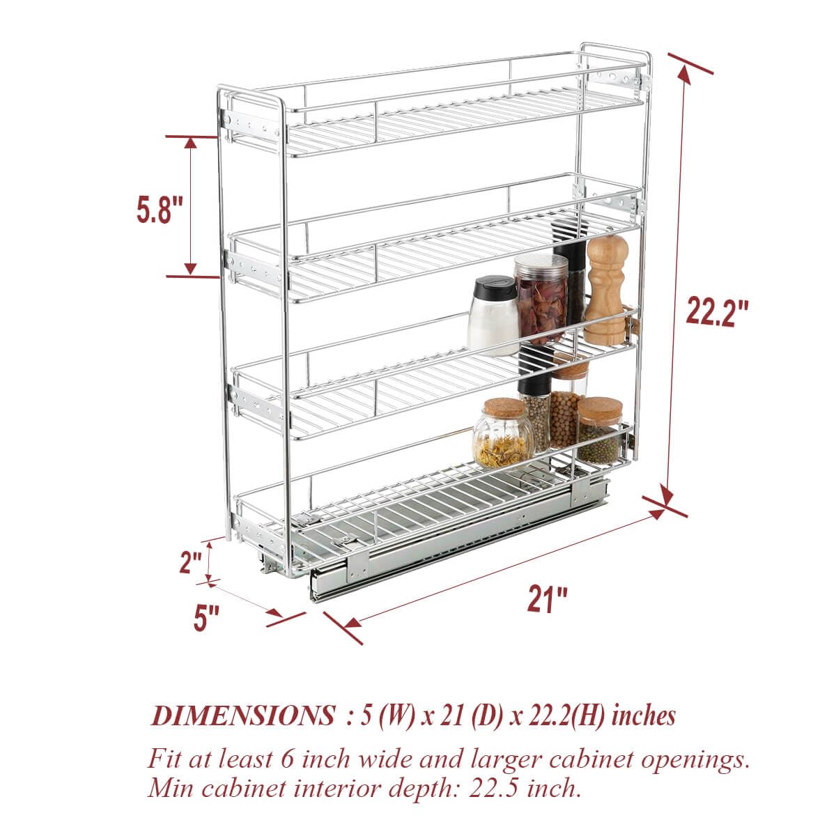 Ultra-Slim 4-Tier Pull-Out Cabinet Organizer – Vertical Spice & Storage Rack for Narrow Spaces (Silver)